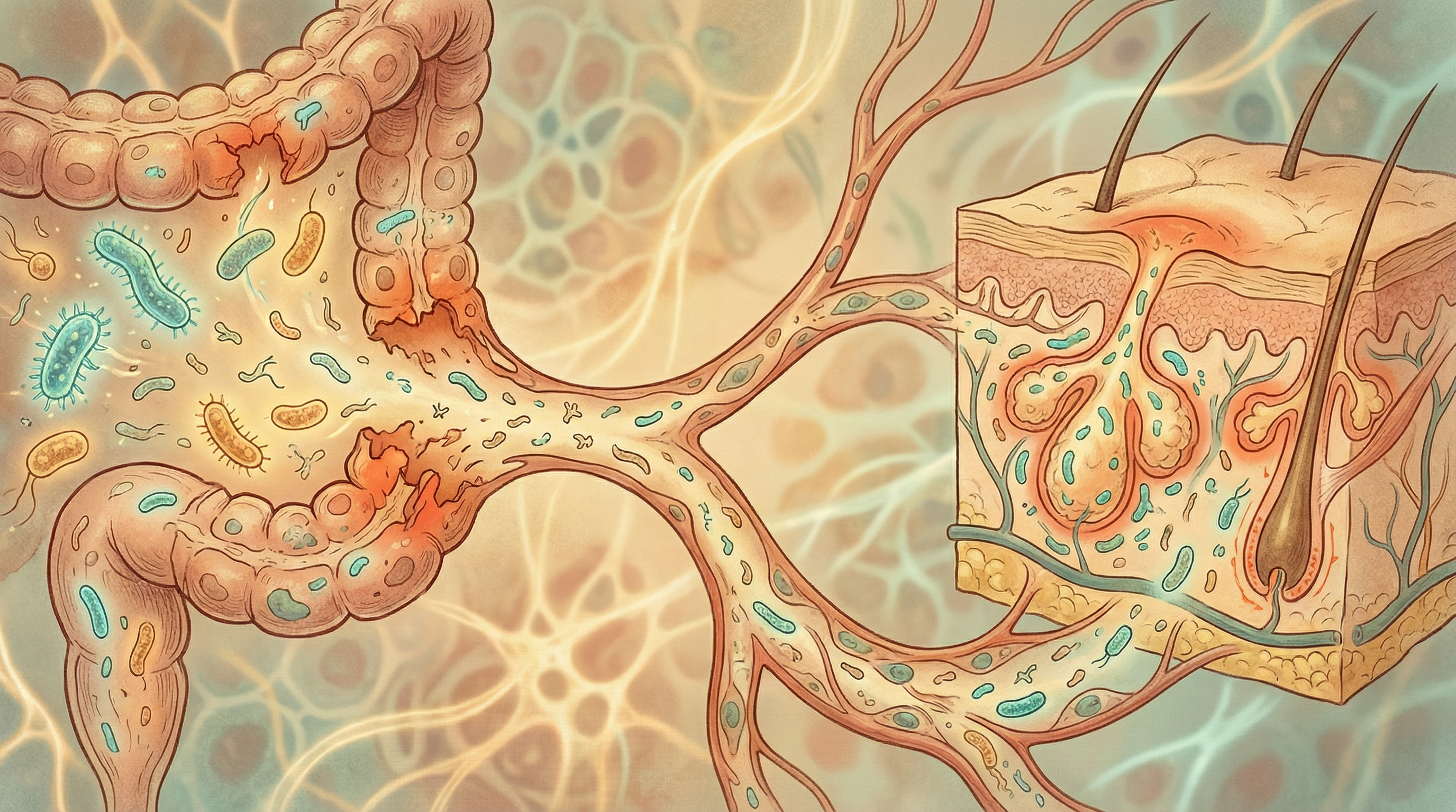 Scientific illustration showing how gut dysbiosis contributes to acne through systemic inflammation and hormonal imbalance
