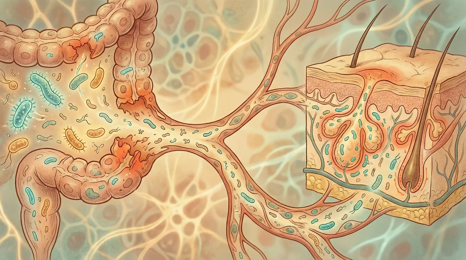 Scientific illustration showing how gut dysbiosis contributes to acne through systemic inflammation and hormonal imbalance