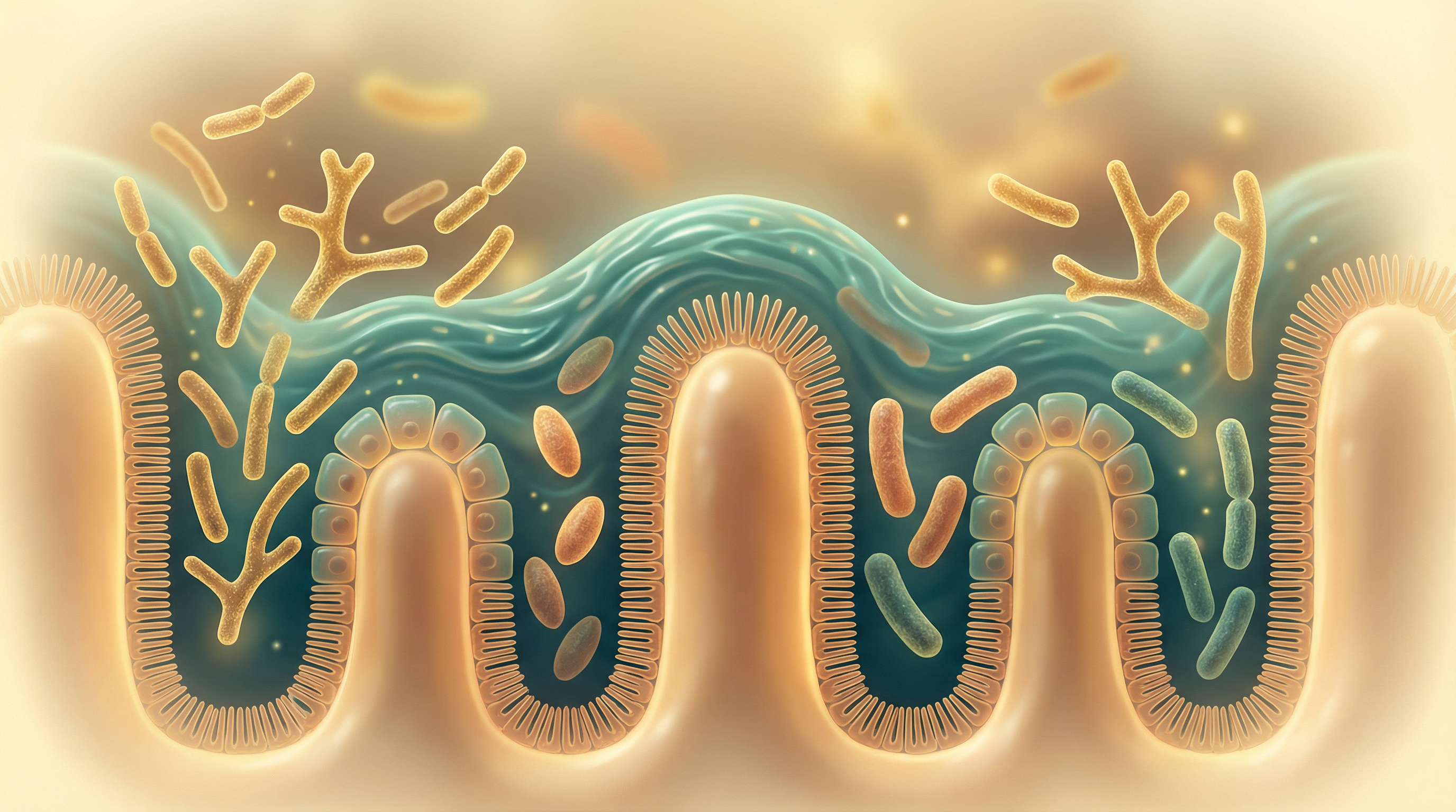 Scientific illustration of major probiotic bacterial families including Lactobacillus, Bifidobacterium, and Akkermansia in the gut environment
