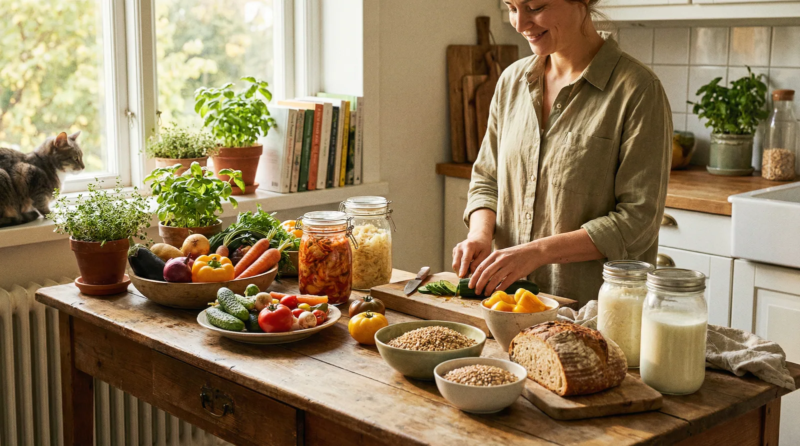 Lifestyle illustration showing dietary diversity, prebiotic foods, and healthy habits that support beneficial gut bacteria growth