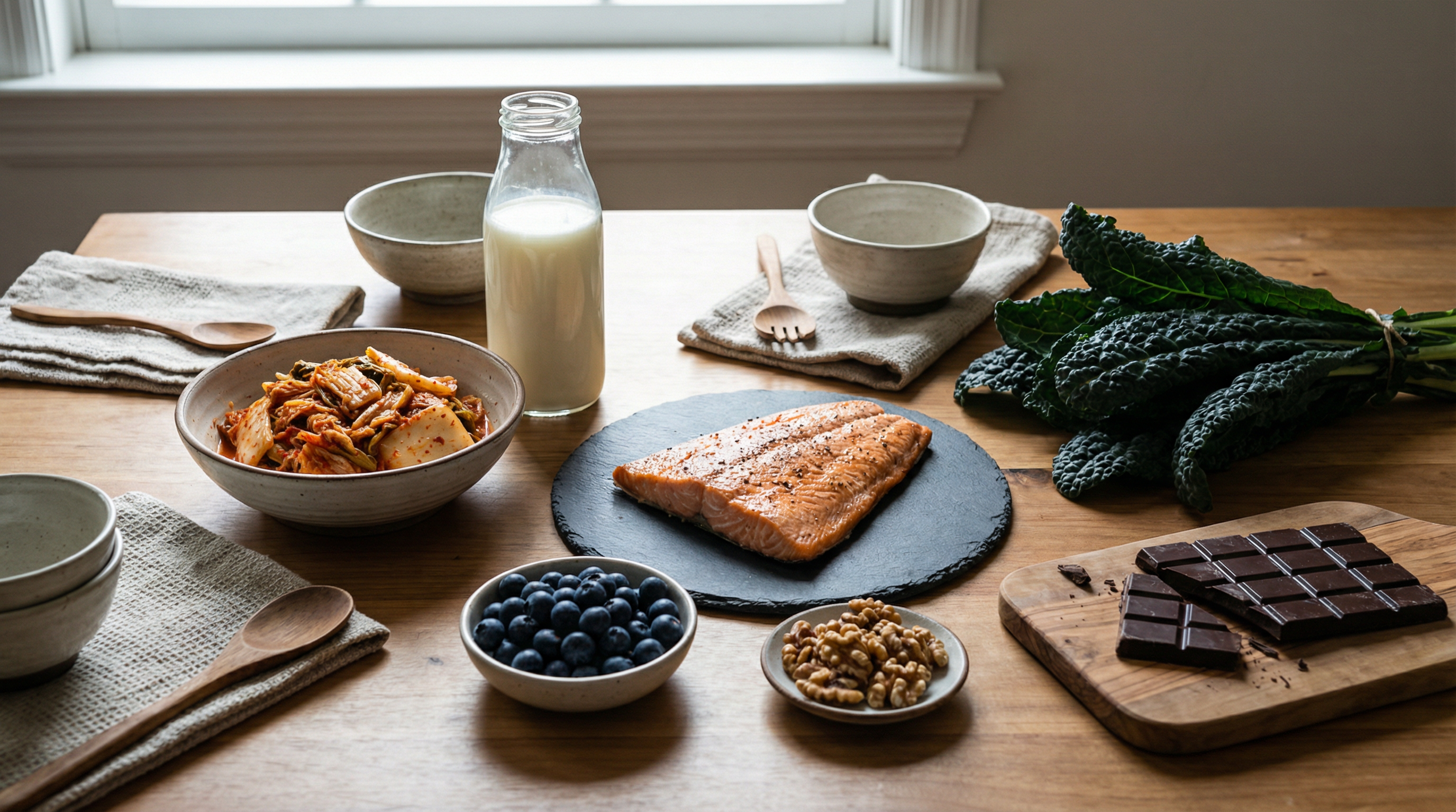 Beautiful arrangement of brain and gut supporting foods including fermented foods, omega-3 rich fish, colorful vegetables, and prebiotic-rich foods