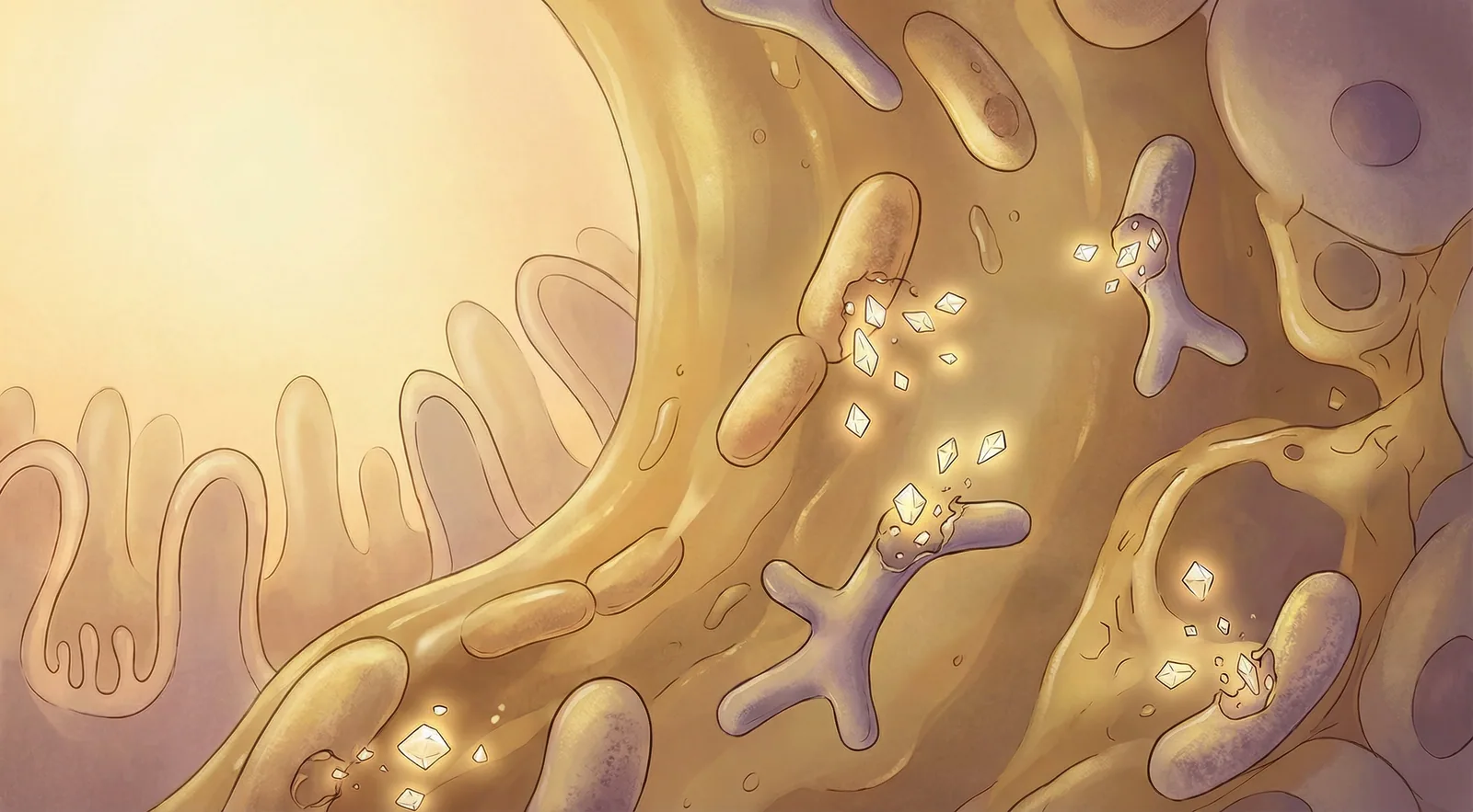 Scientific illustration of key gut bacteria species that influence mental health including Lactobacillus and Bifidobacterium producing neurotransmitters