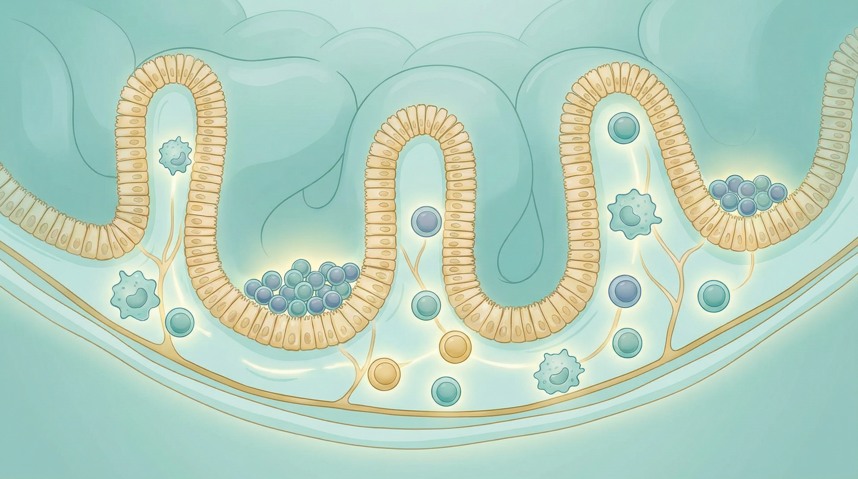 Medical illustration showing the gut-associated lymphoid tissue (GALT) as the body's largest immune organ with immune cells lining the intestinal wall