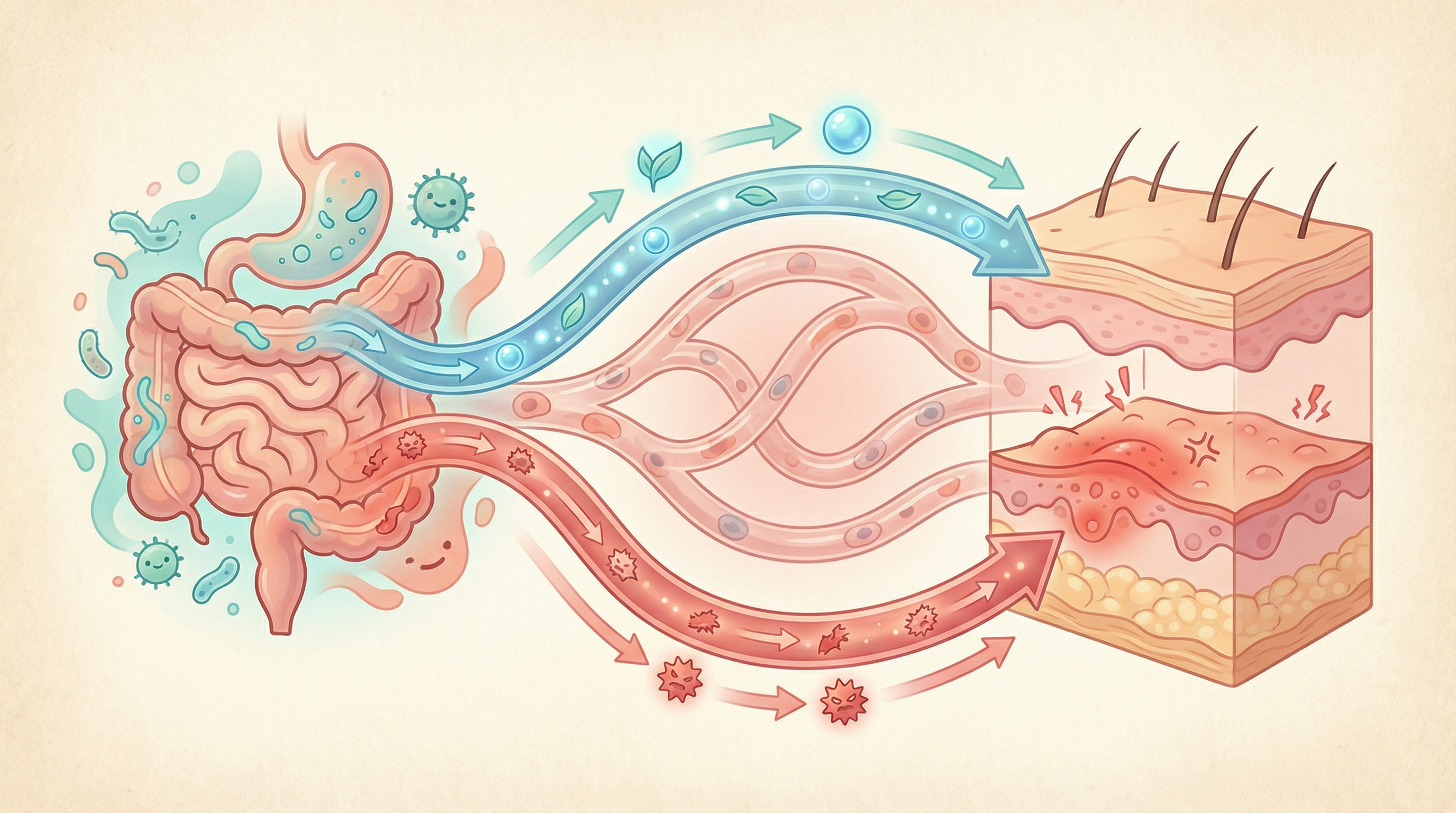 Medical illustration showing the gut-skin axis with inflammatory and protective signals traveling from the gut through the bloodstream to the skin