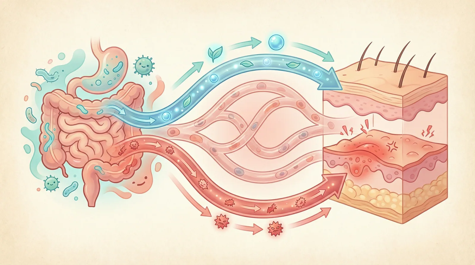 Medical illustration showing the gut-skin axis with inflammatory and protective signals traveling from the gut through the bloodstream to the skin