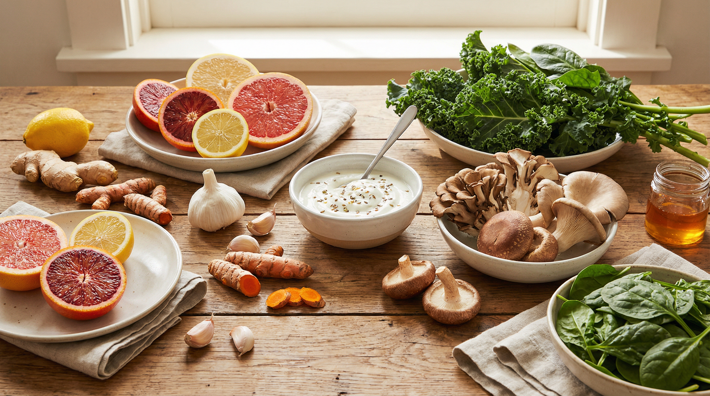 Colorful arrangement of immune-supporting foods rich in prebiotics, probiotics, and phytonutrients for gut immunity