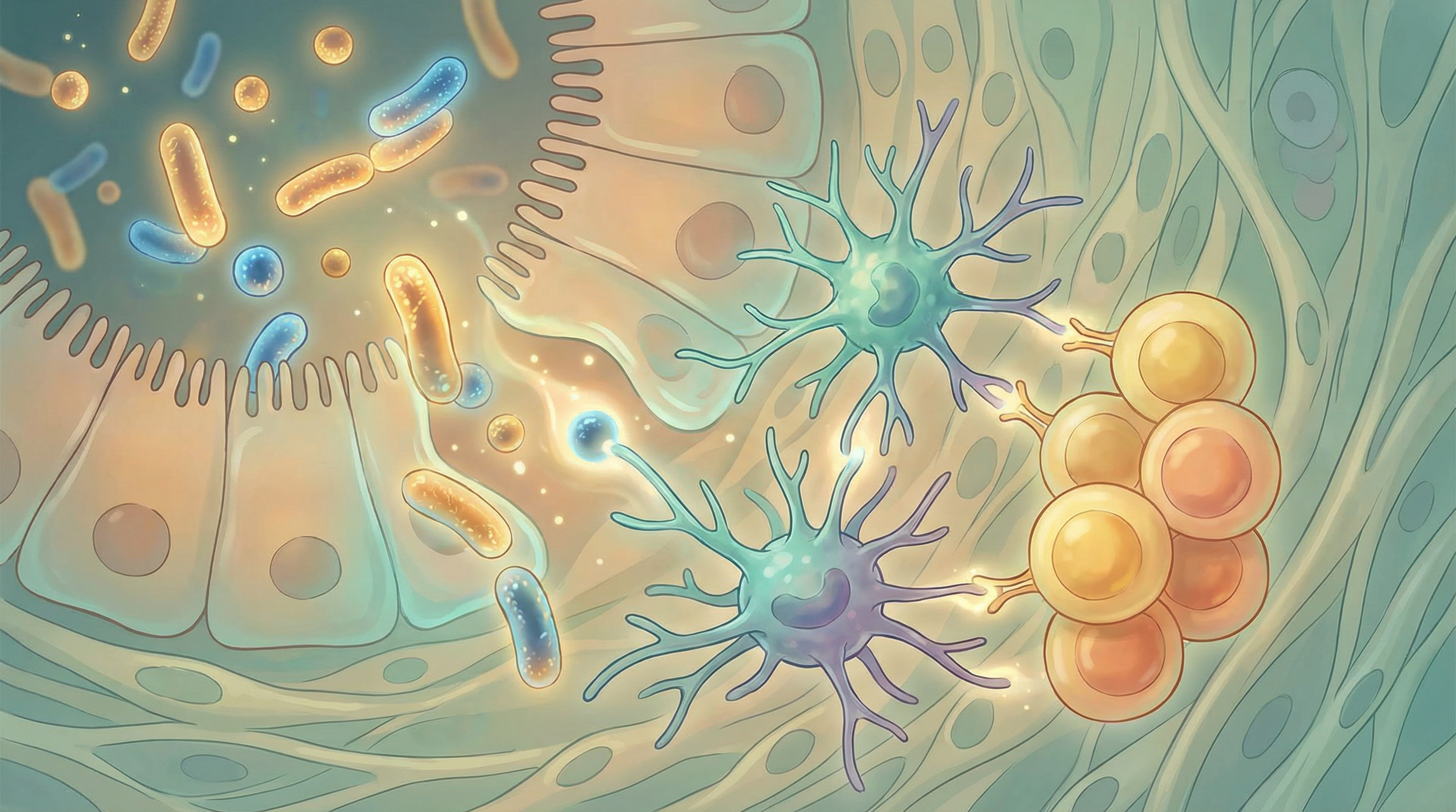 Scientific illustration of gut bacteria training immune cells to distinguish between harmful pathogens and beneficial microbes