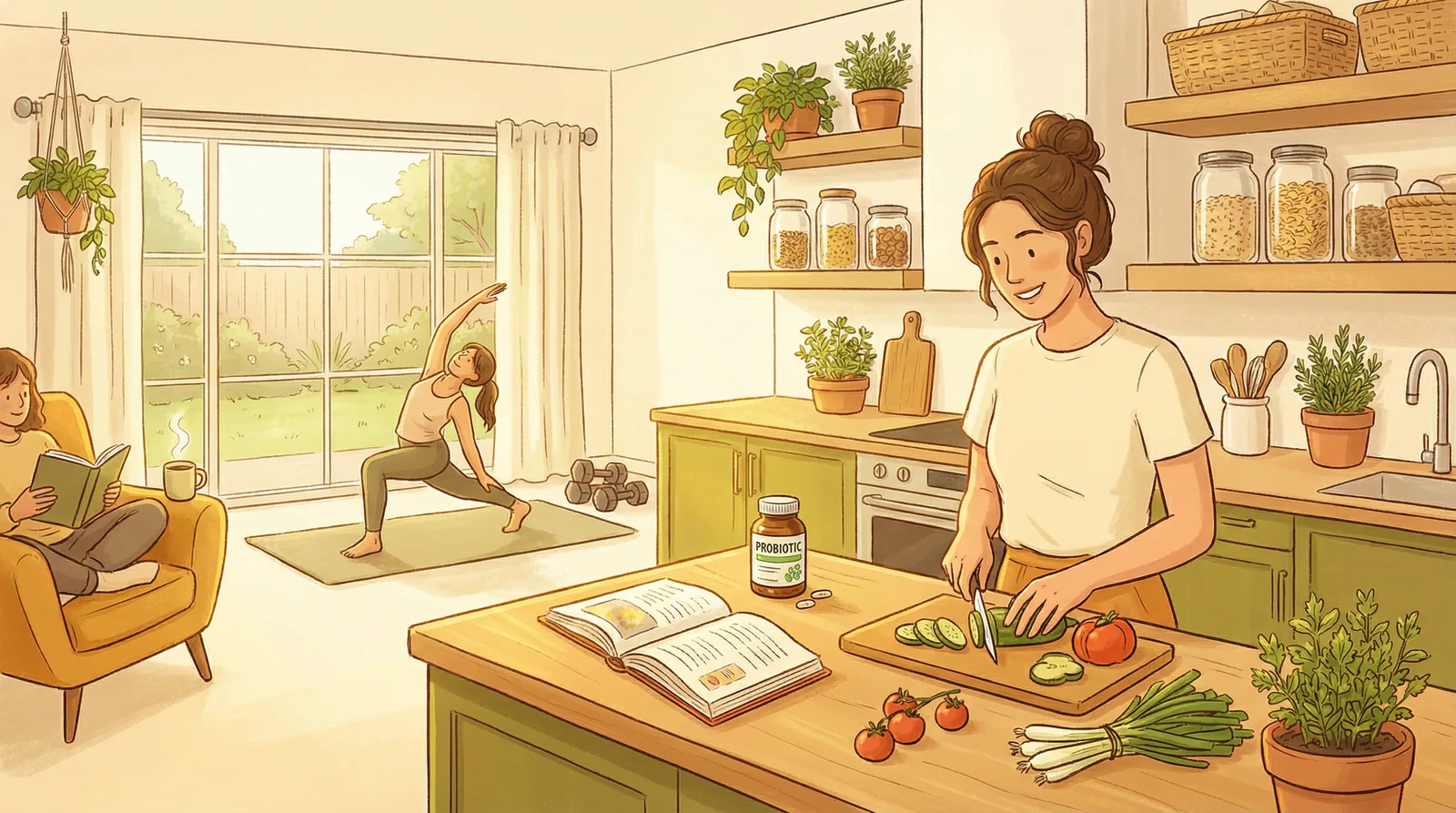 Wellness lifestyle illustration showing dietary changes, supplement selection, and lifestyle modifications based on microbiome test results