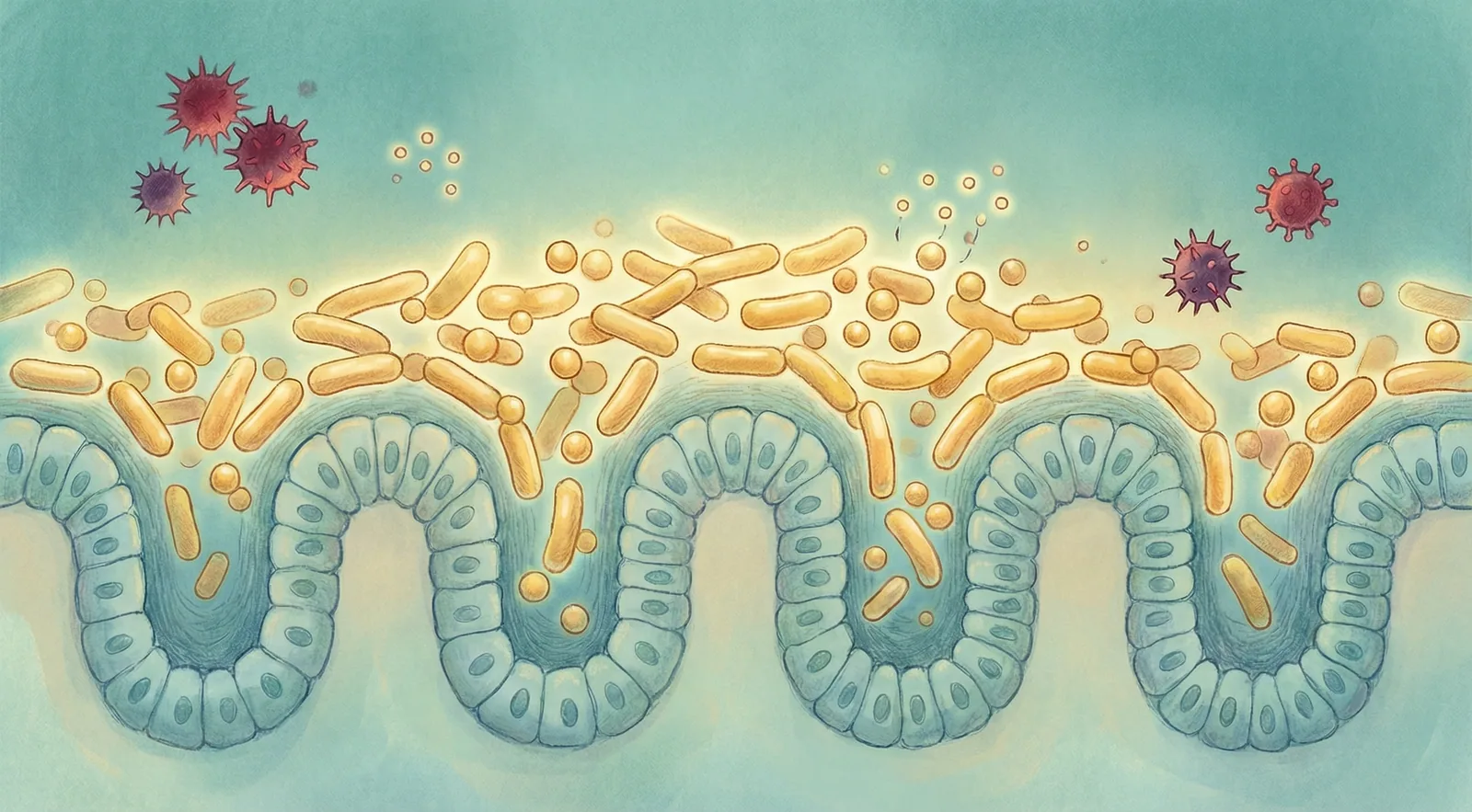 Illustration of beneficial gut bacteria forming a protective barrier against pathogenic invaders through colonization resistance
