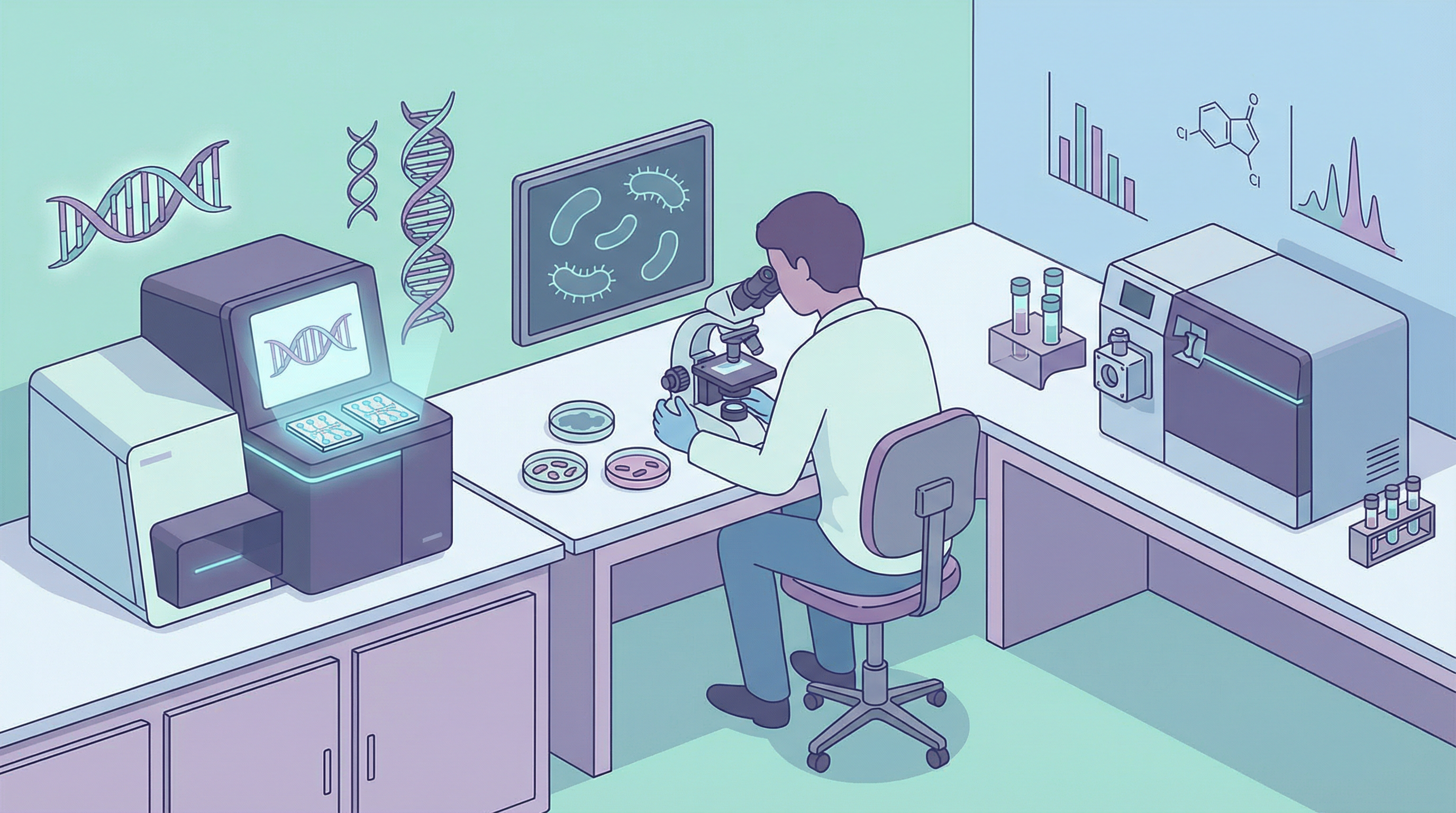 Illustration of different microbiome testing methods including 16S rRNA sequencing, shotgun metagenomics, and metabolomics