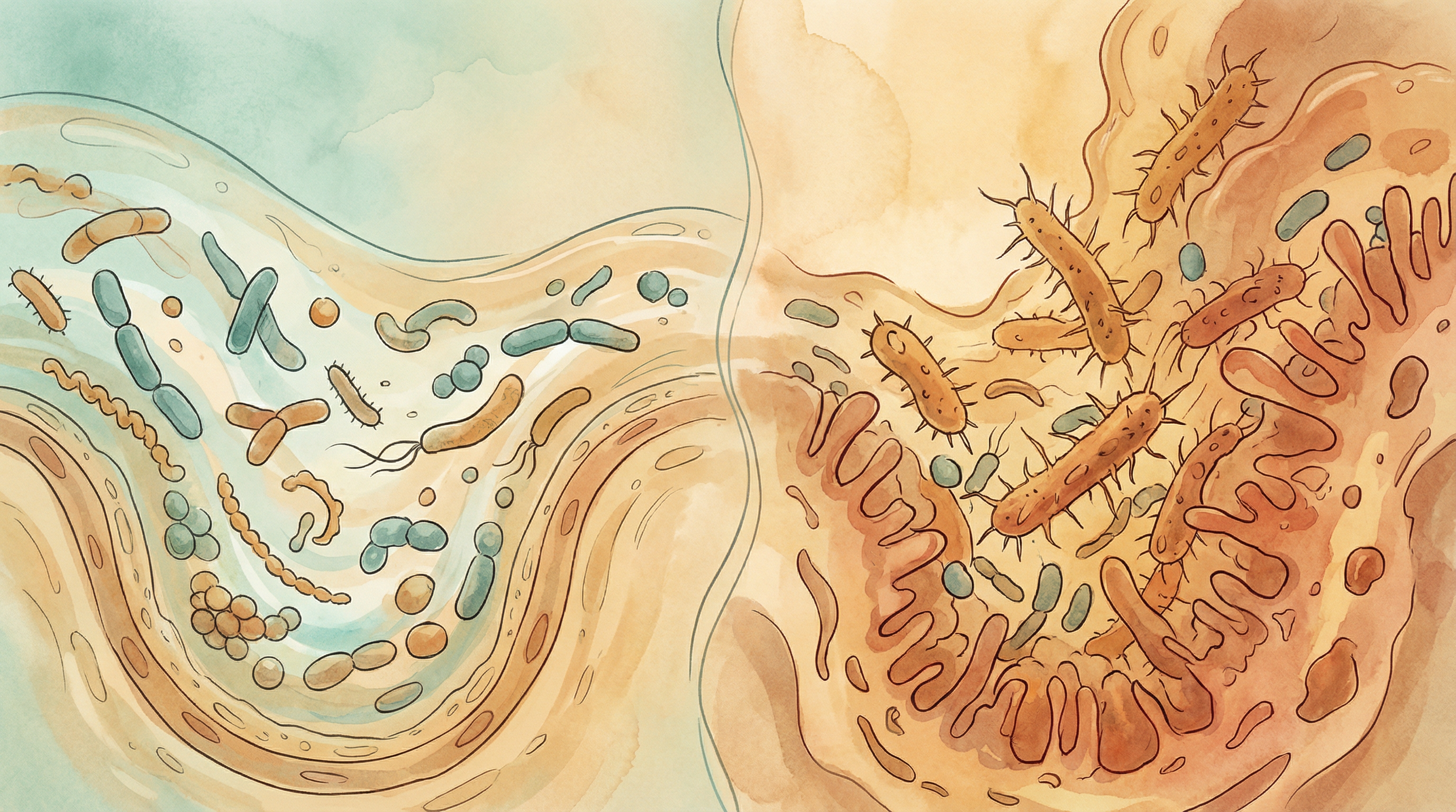 Scientific illustration showing opportunistic bacteria existing peacefully in a balanced gut but becoming problematic when the ecosystem is disrupted