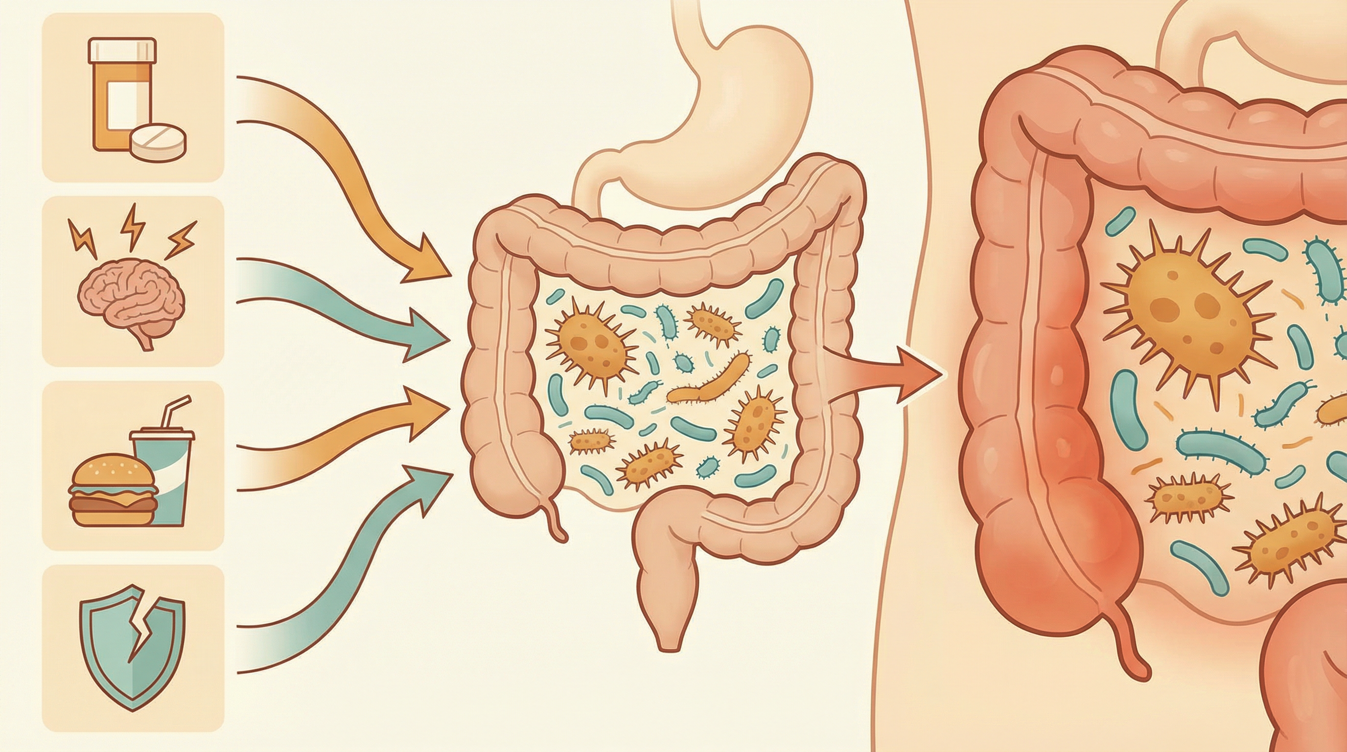 Medical illustration showing factors that trigger opportunistic bacterial overgrowth including antibiotics, stress, poor diet, and weakened immunity