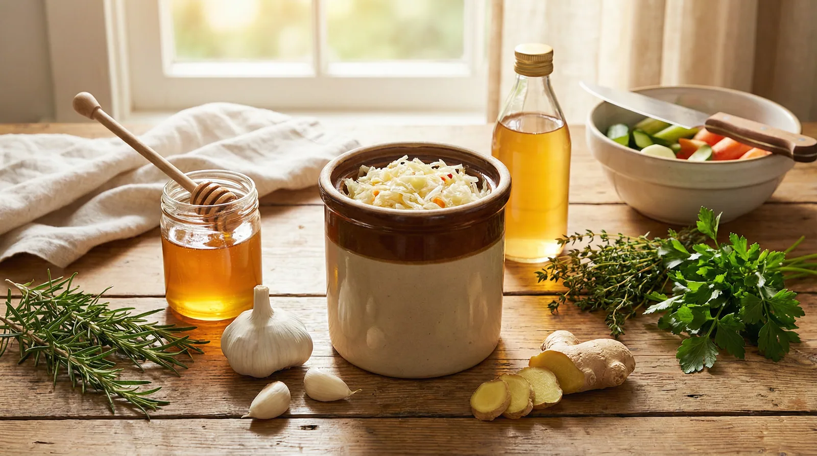 Food safety and gut-protective foods including fermented vegetables, garlic, and proper food handling practices