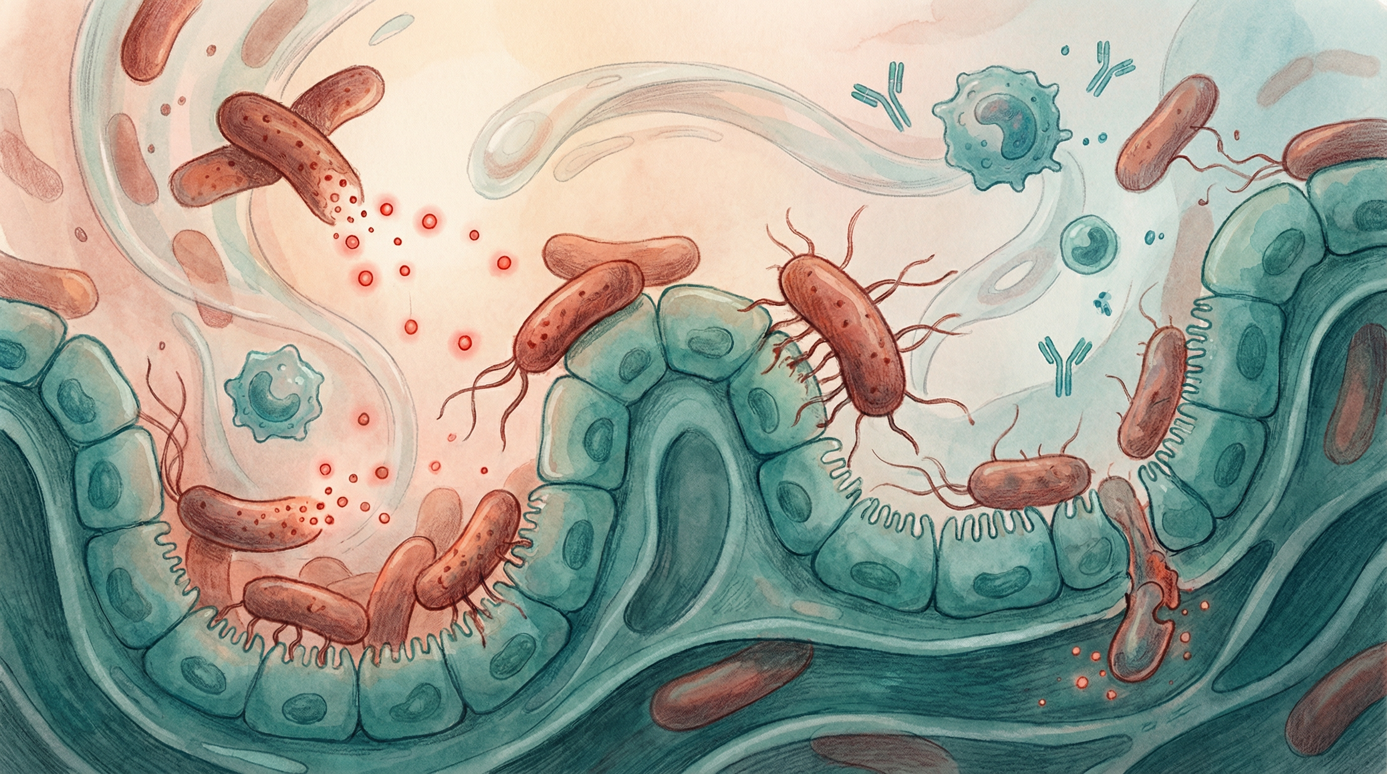 Scientific illustration of pathogenic bacteria using virulence factors including toxins, adhesins, and invasion mechanisms to cause disease