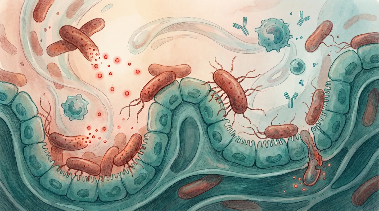 Scientific illustration of pathogenic bacteria using virulence factors including toxins, adhesins, and invasion mechanisms to cause disease