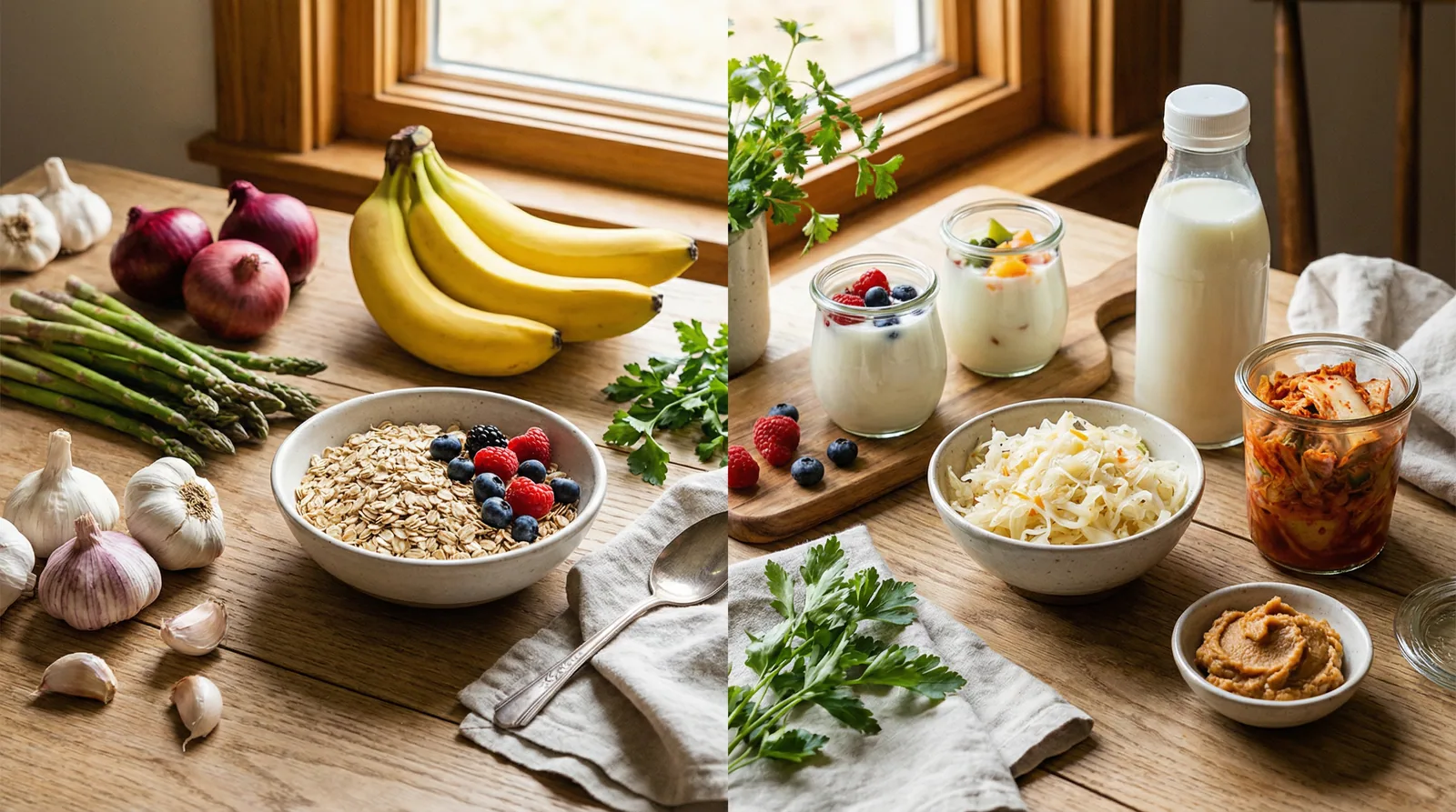 Beautiful arrangement of prebiotic and probiotic-rich foods including fermented foods, high-fiber vegetables, and whole grains for optimal gut health