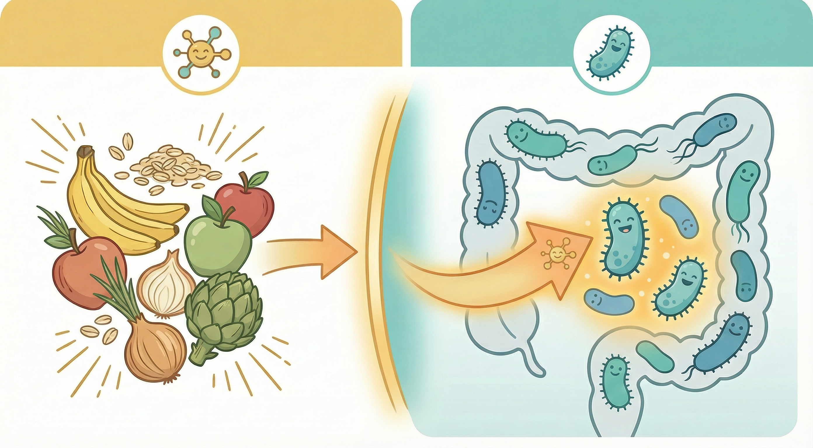 Side-by-side illustration comparing prebiotics as fiber food sources and probiotics as live beneficial bacteria showing their complementary roles