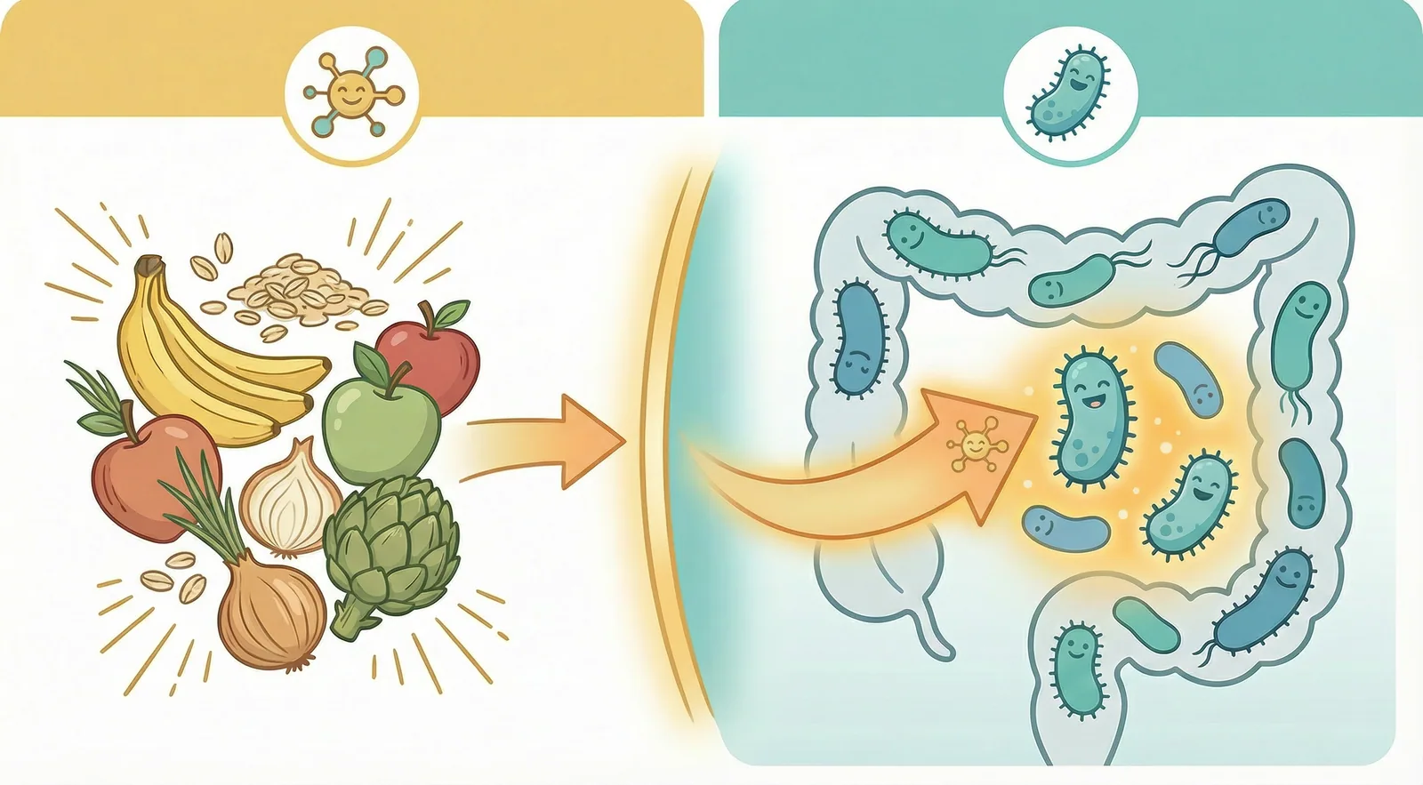 Side-by-side illustration comparing prebiotics as fiber food sources and probiotics as live beneficial bacteria showing their complementary roles