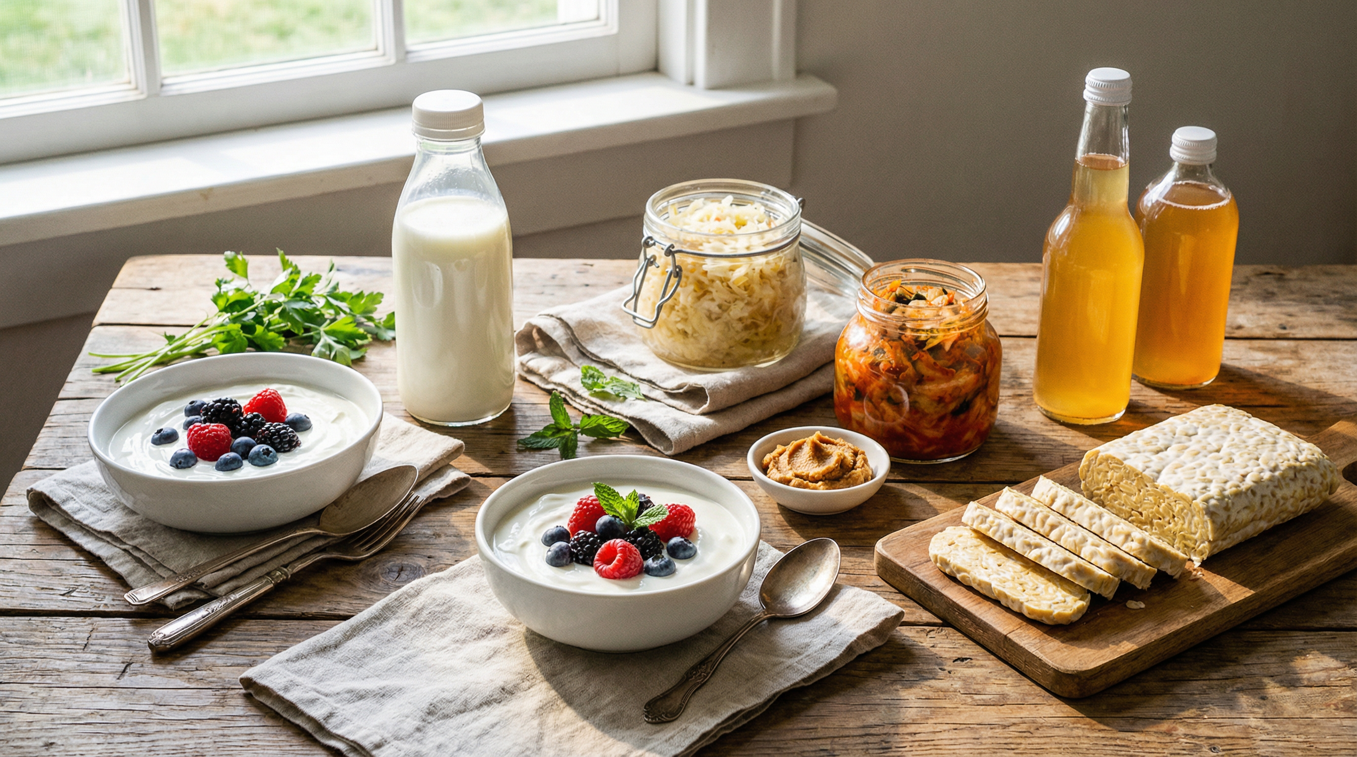 Beautiful arrangement of probiotic-rich fermented foods including yogurt, kefir, sauerkraut, kimchi, miso, and kombucha