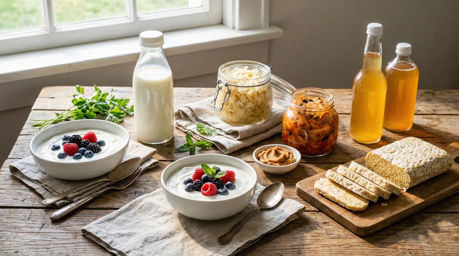 Beautiful arrangement of probiotic-rich fermented foods including yogurt, kefir, sauerkraut, kimchi, miso, and kombucha