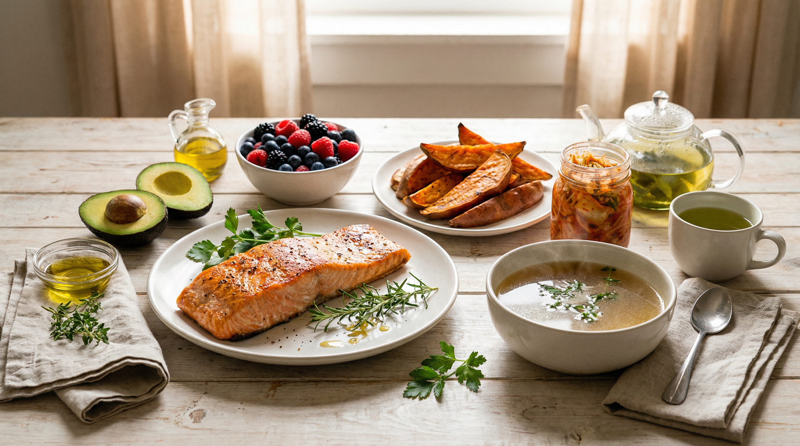 Beautiful arrangement of skin-nourishing foods including omega-3 rich fish, colorful antioxidant vegetables, and fermented foods for gut-skin health