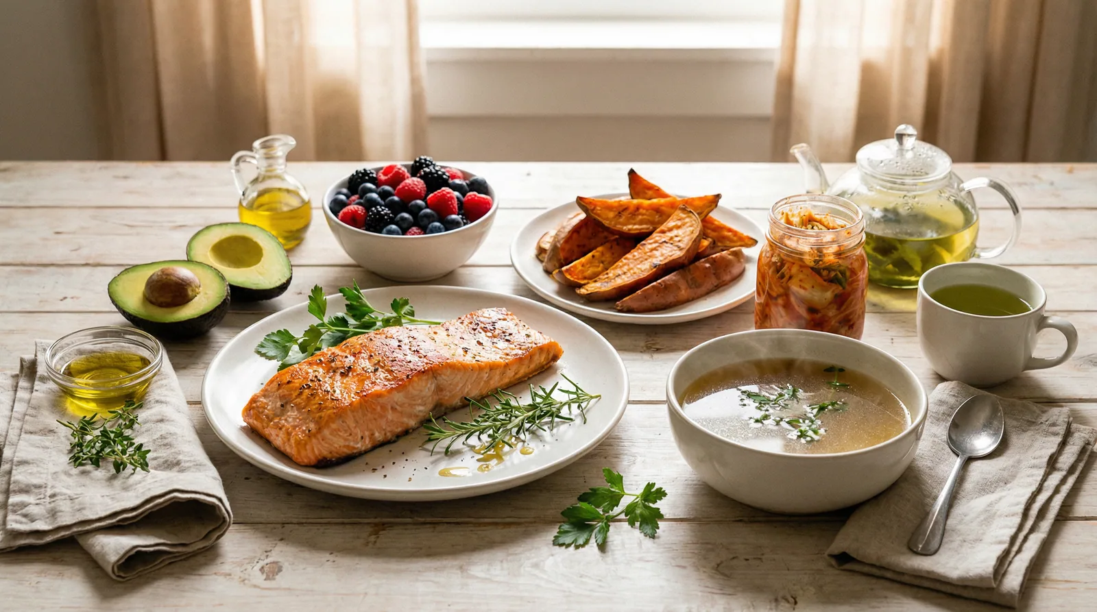 Beautiful arrangement of skin-nourishing foods including omega-3 rich fish, colorful antioxidant vegetables, and fermented foods for gut-skin health