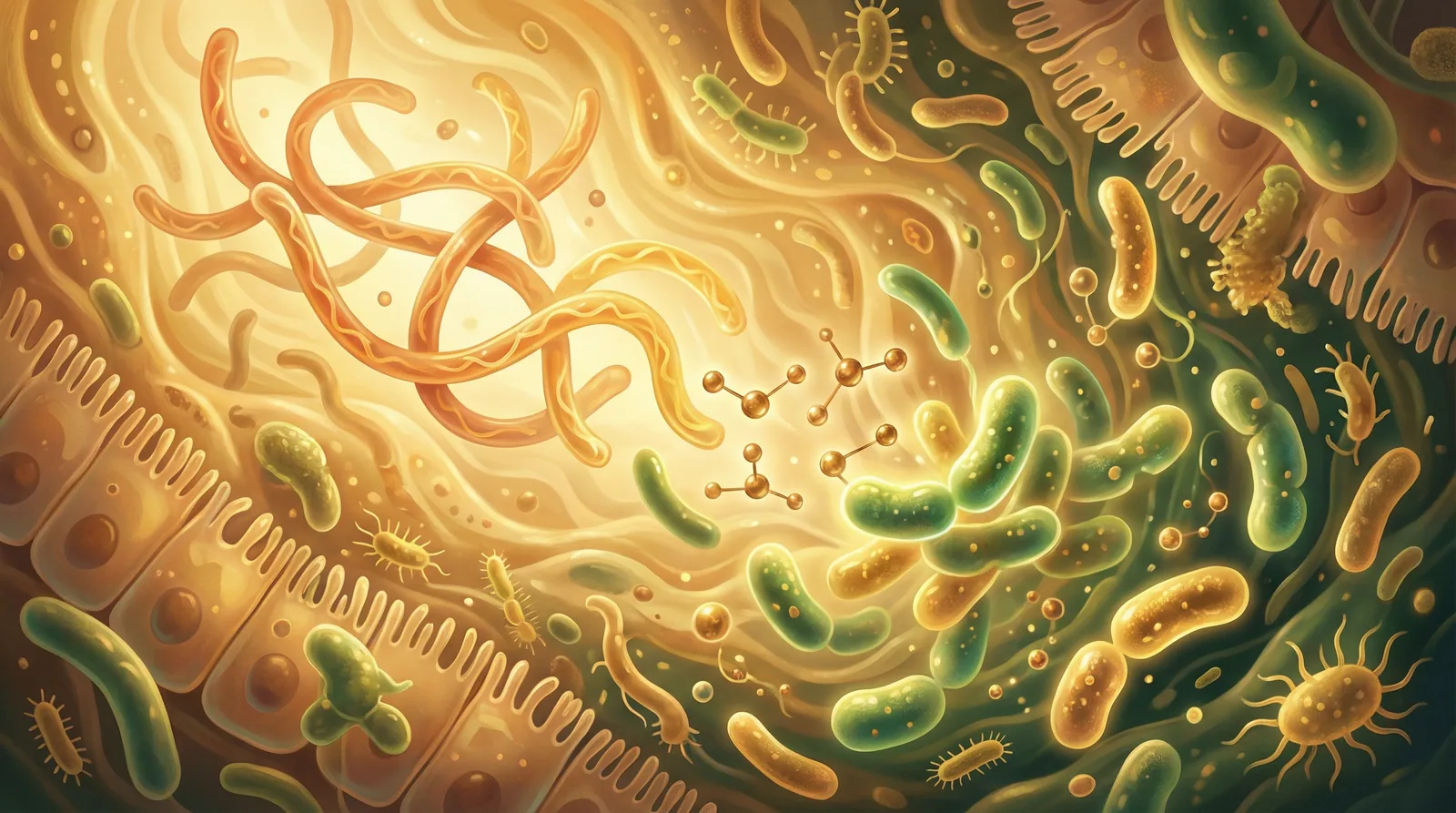 Scientific illustration of the synbiotic effect showing prebiotics and probiotics working together to create a thriving gut ecosystem