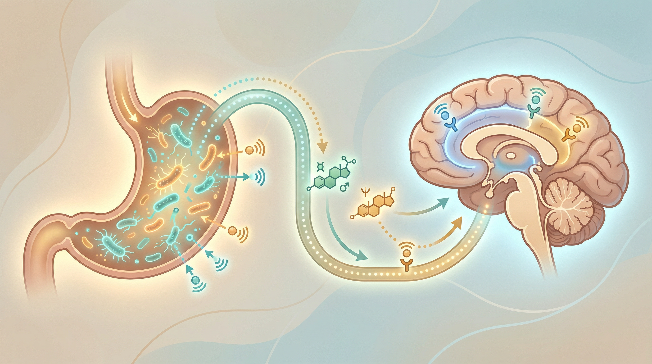 Illustration of gut bacteria influencing appetite hormones like ghrelin, leptin, and GLP-1 that regulate hunger and satiety