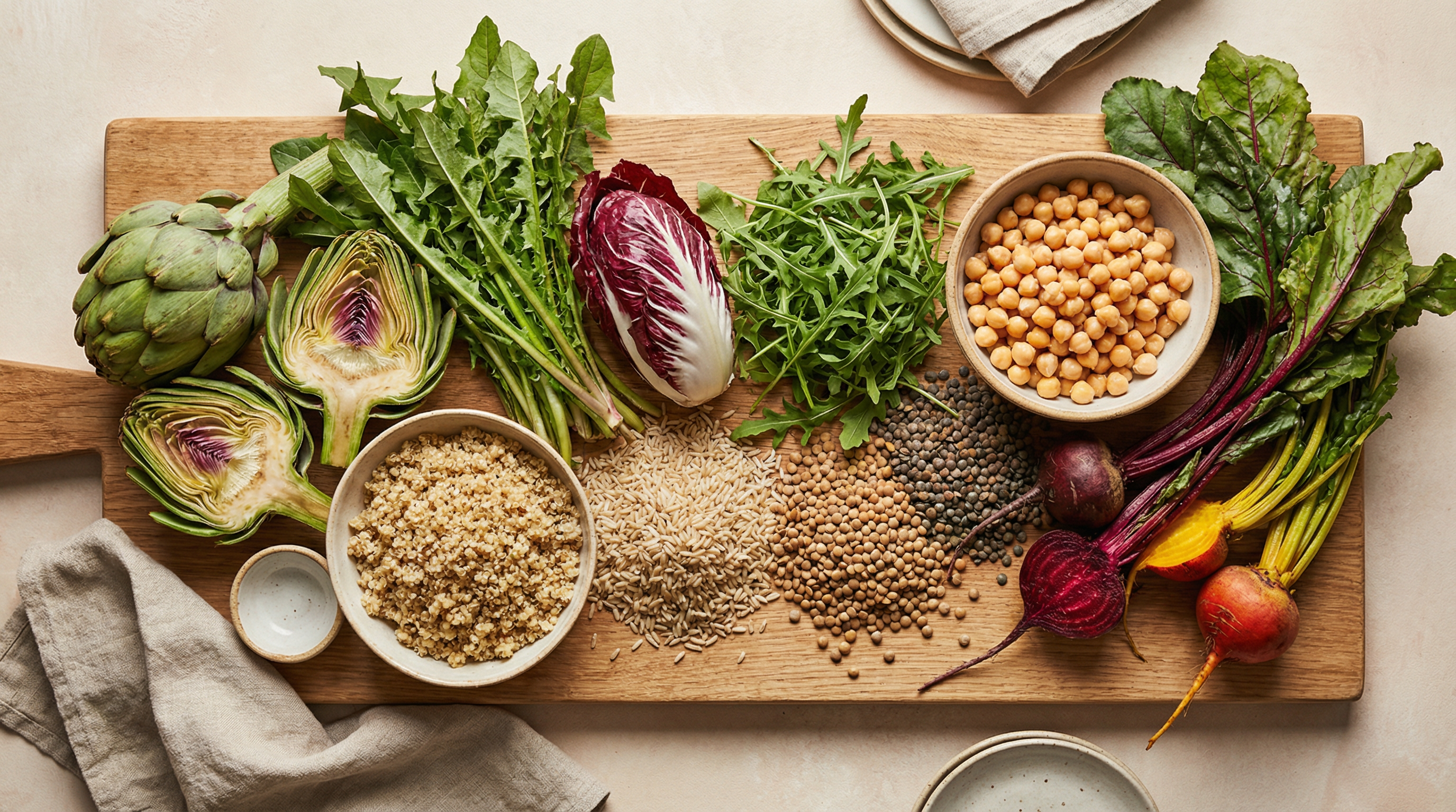 Fiber-rich and bitter foods that support healthy bile acid metabolism including artichokes, bitter greens, and whole grains