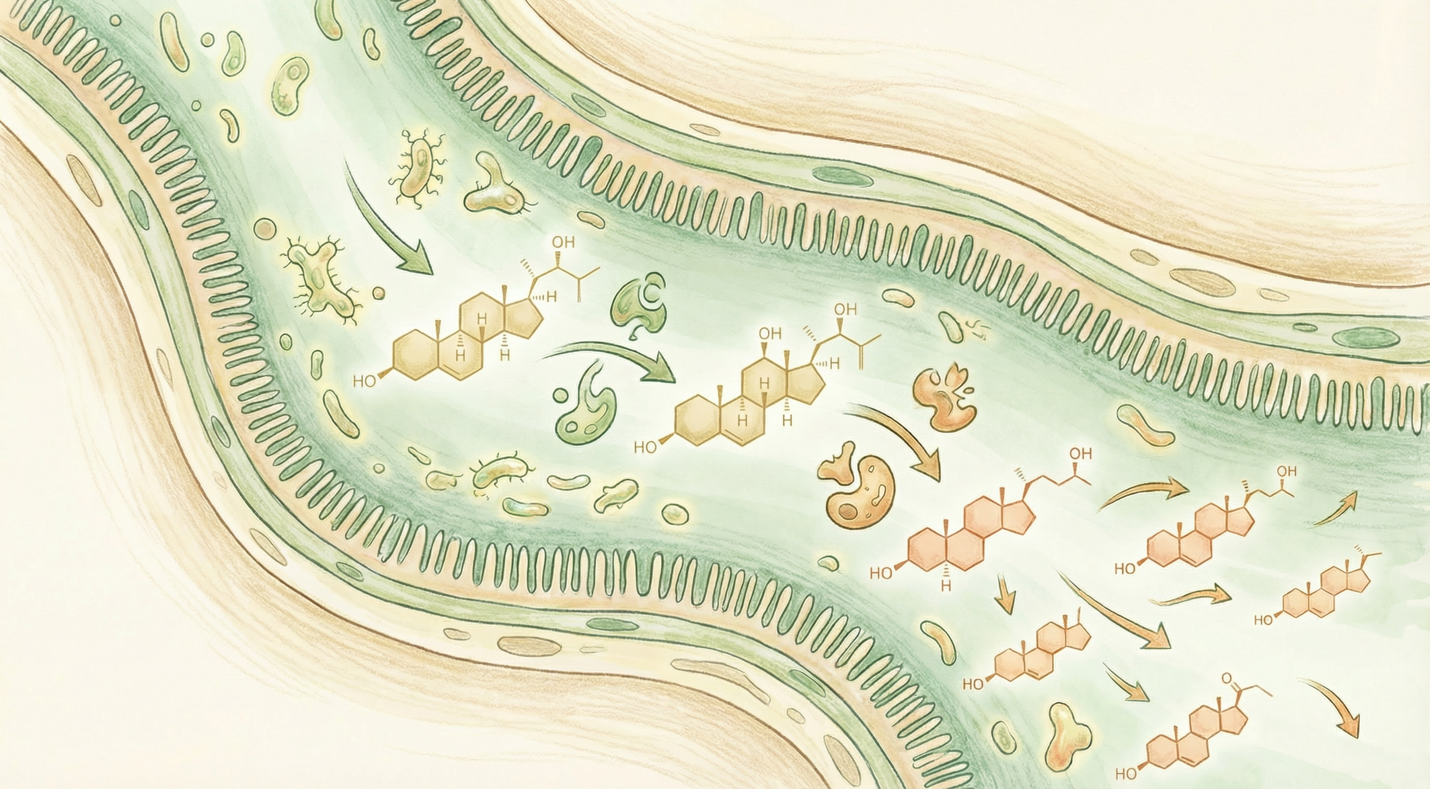 Illustration of gut bacteria converting primary bile acids into secondary bile acids in the intestinal environment