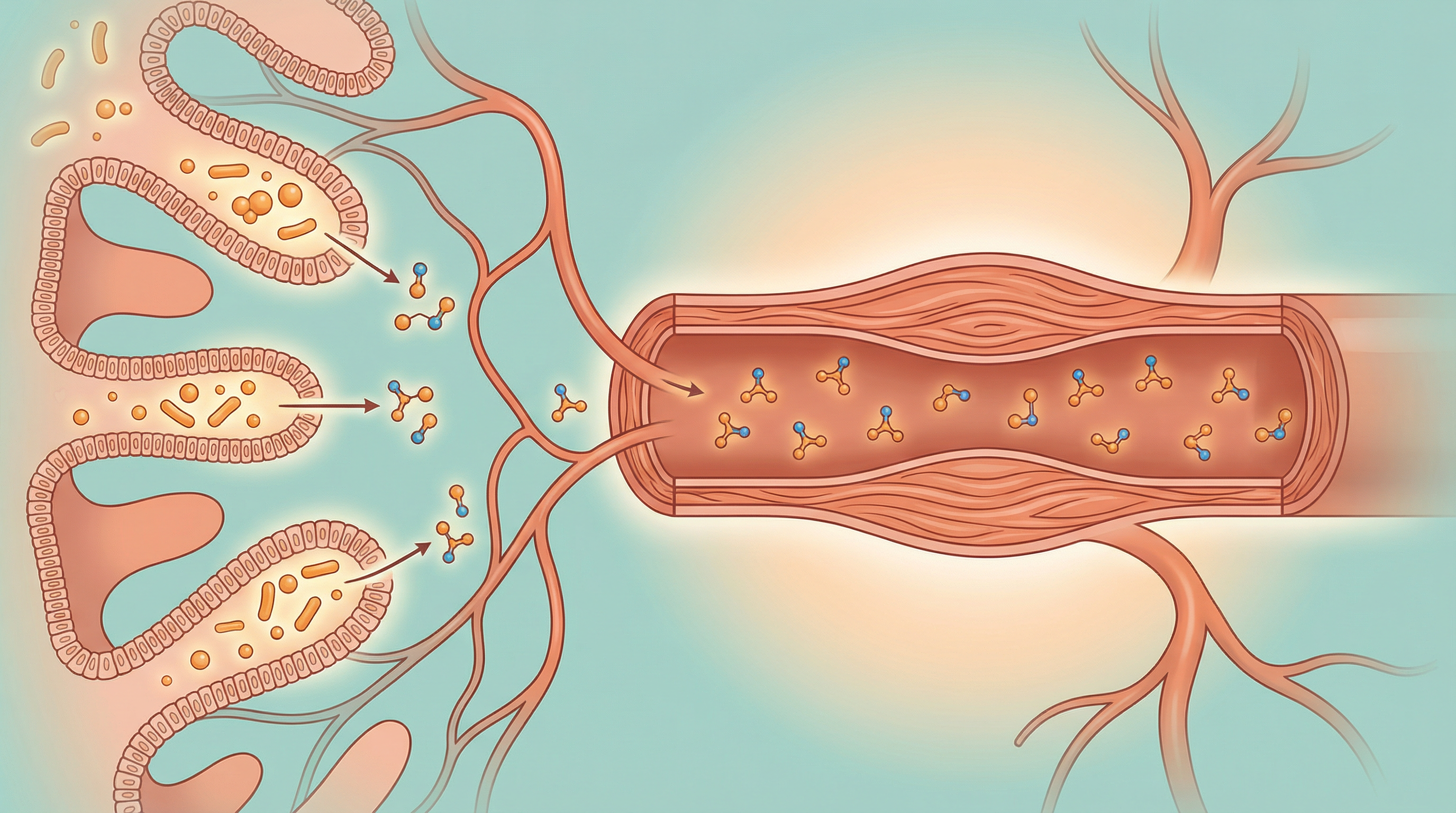 Illustration of gut bacteria producing metabolites that influence blood vessel dilation and blood pressure regulation