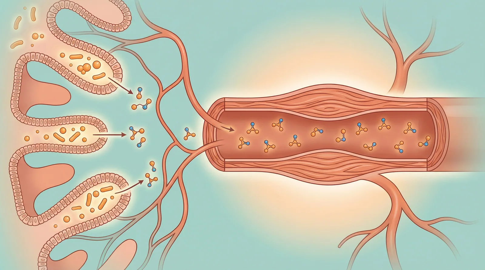 Illustration of gut bacteria producing metabolites that influence blood vessel dilation and blood pressure regulation