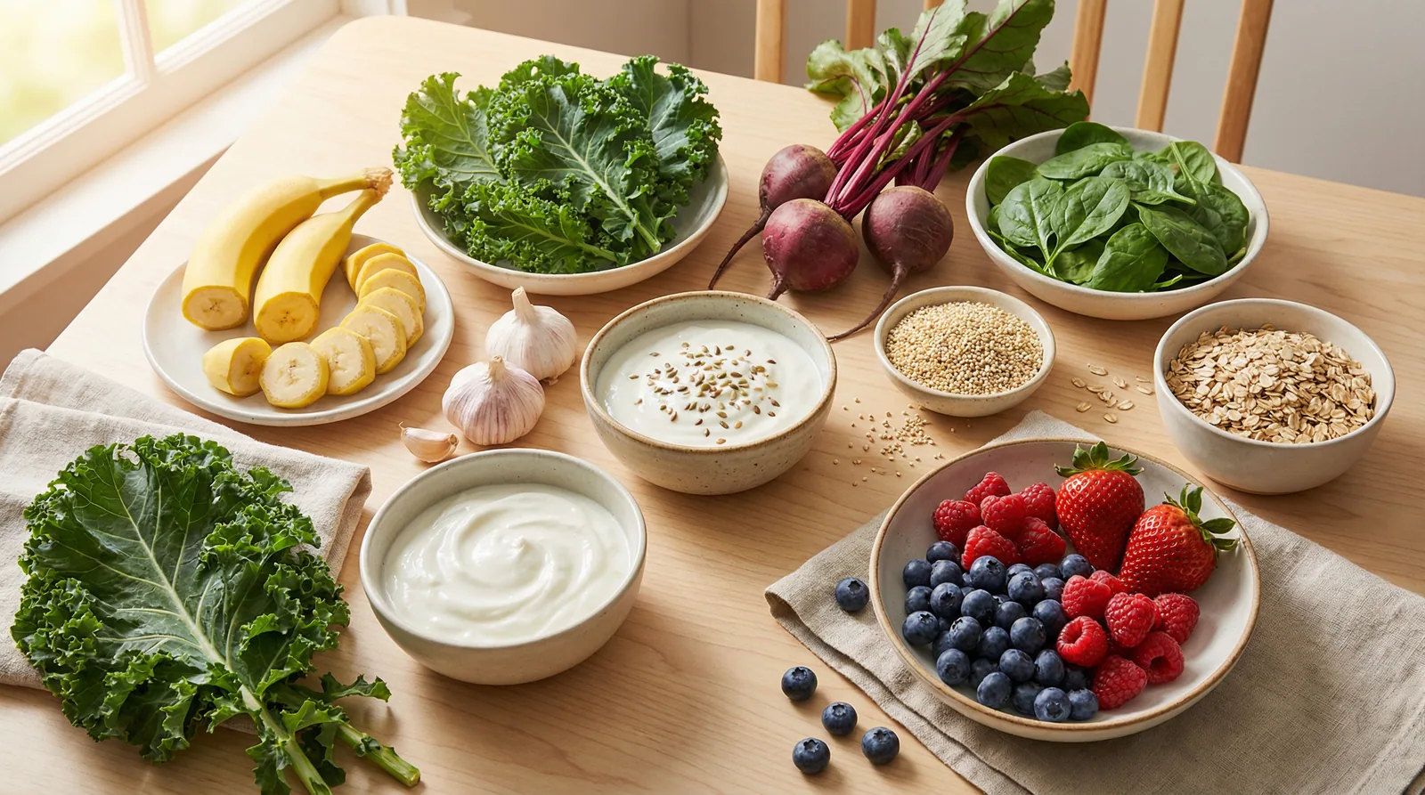 Heart-healthy foods rich in potassium, fiber, and probiotics that support healthy blood pressure through gut microbiome optimization