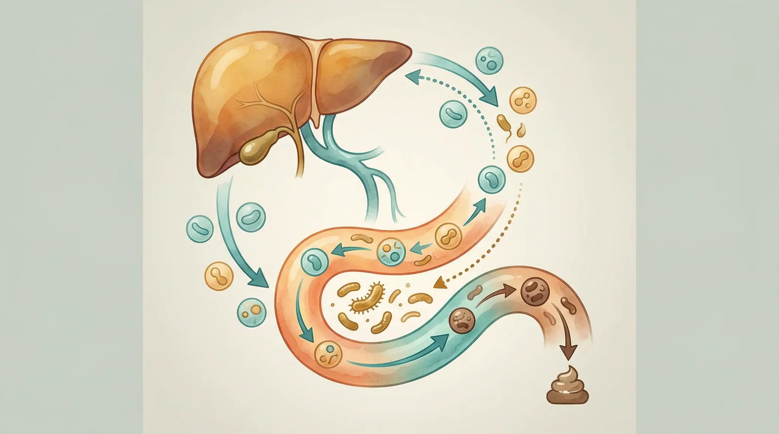 Medical illustration of the bile acid cycle showing how gut bacteria transform cholesterol into bile acids for elimination