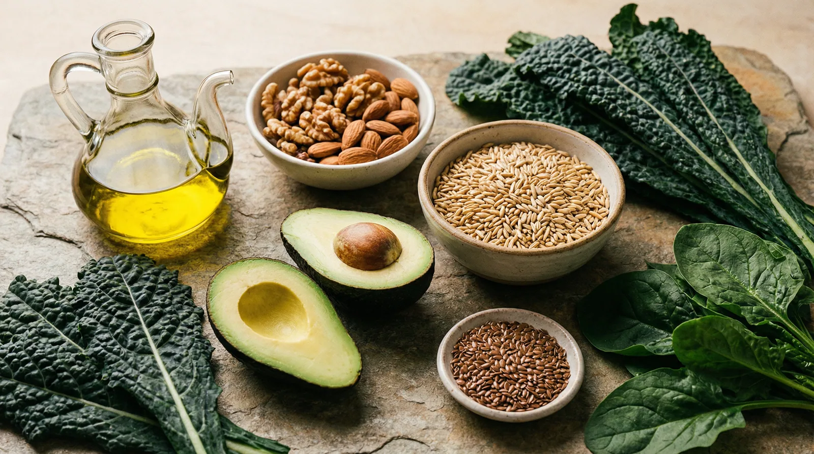 Healthy fats and fiber-rich foods that support cholesterol metabolism including olive oil, nuts, avocado, and oats