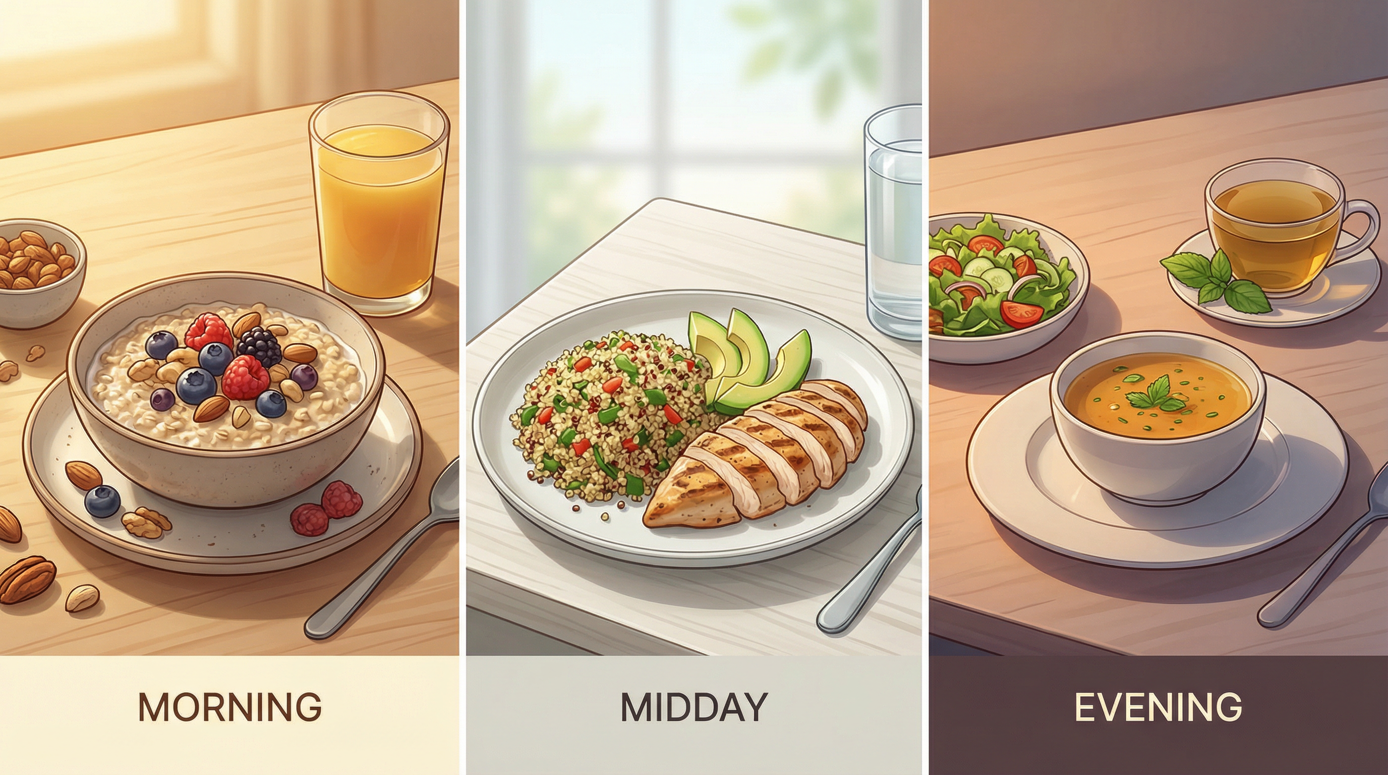 Time-restricted eating and meal timing concepts showing how when you eat affects your gut microbiome and circadian rhythm