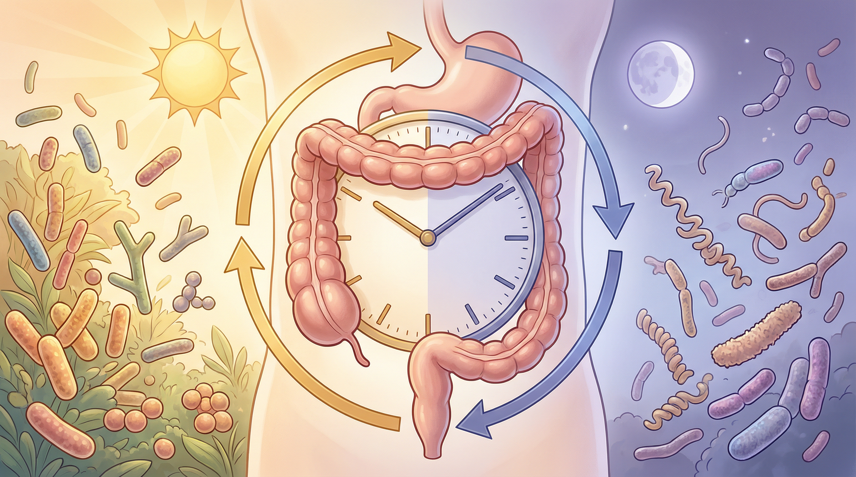 Illustration of the gut microbiome's own circadian rhythm showing how bacterial populations fluctuate throughout the day-night cycle