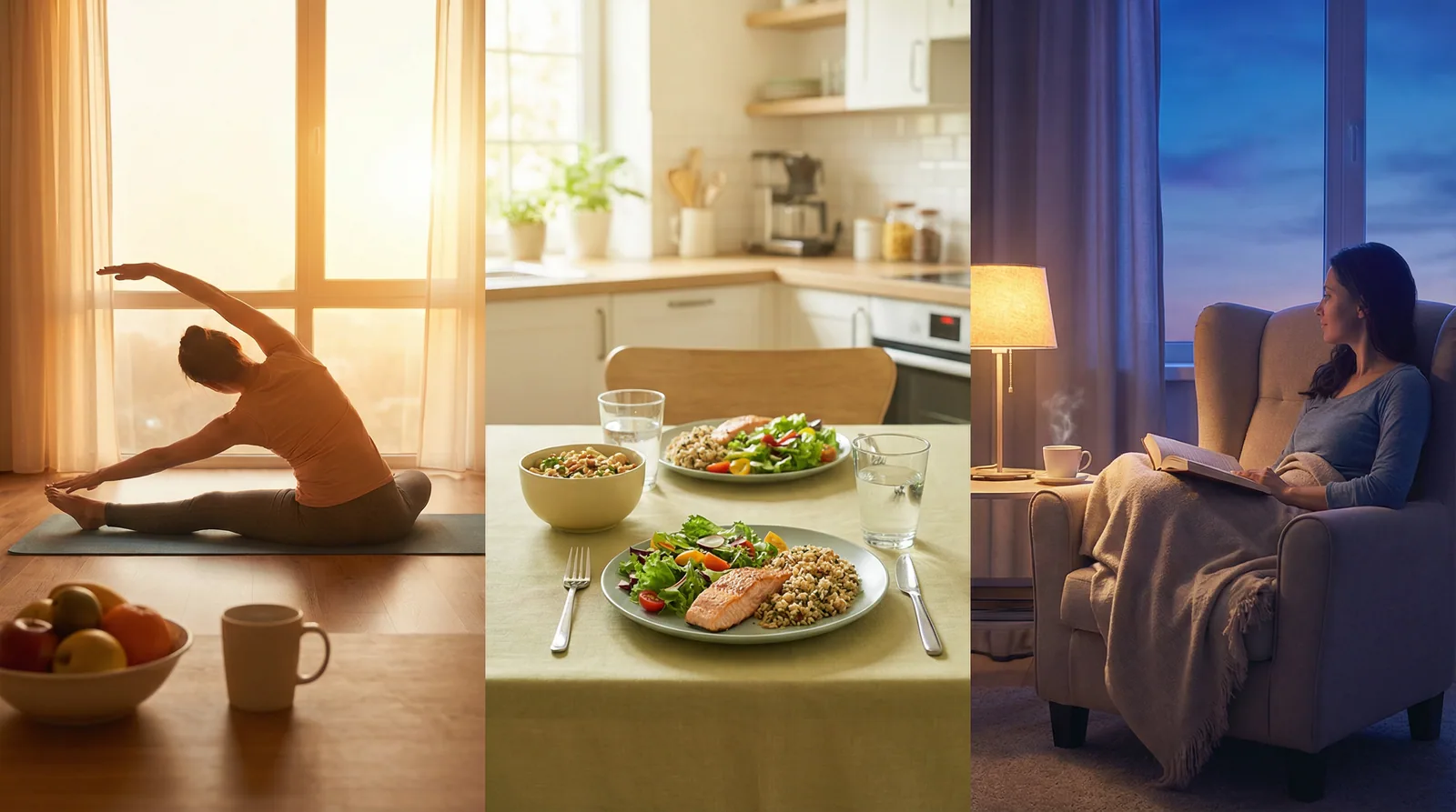 Healthy daily habits including morning sunlight, regular meal timing, and evening wind-down that support circadian rhythm through gut health