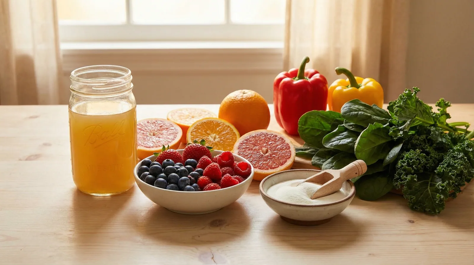Collagen-supporting foods rich in vitamin C, proline, and glycine including citrus fruits, bone broth, and berries