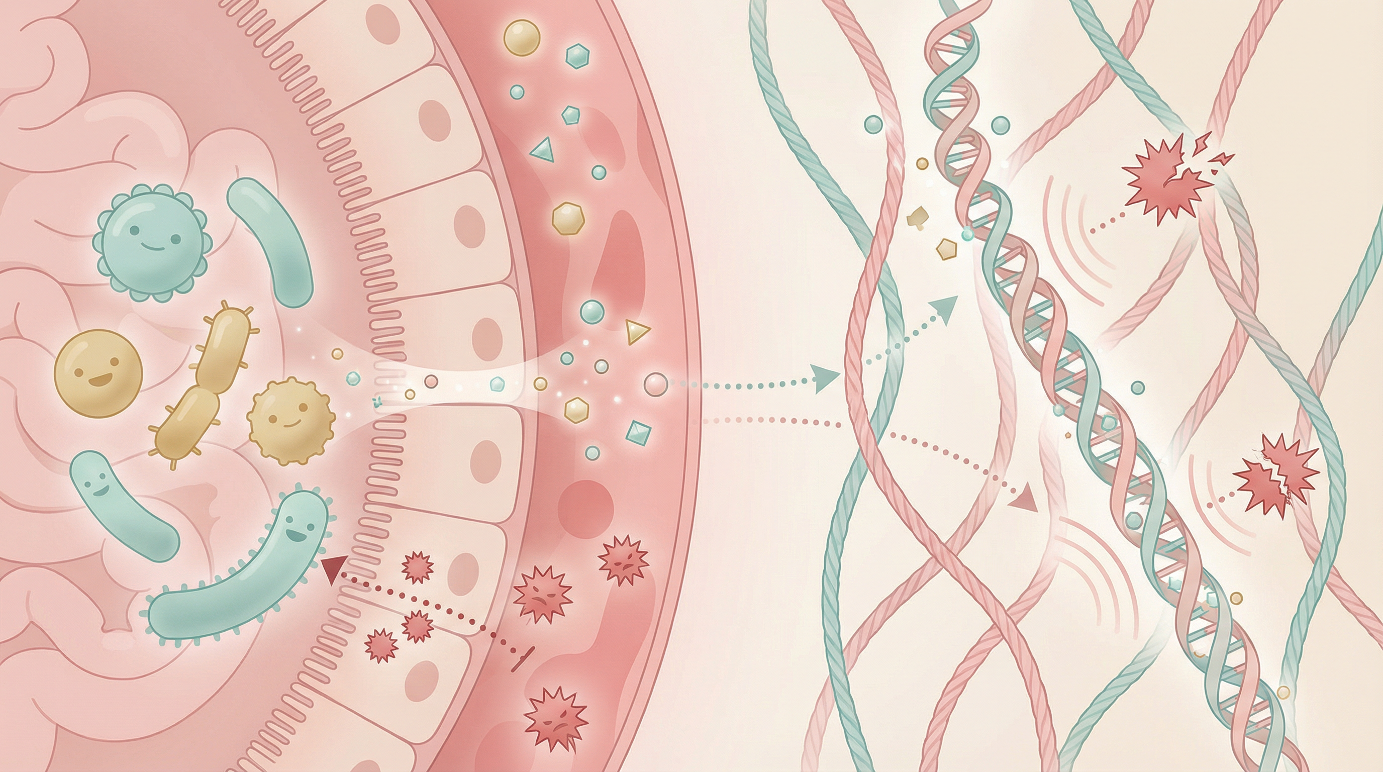 Medical illustration showing how gut bacteria support collagen synthesis through nutrient absorption and reduced inflammation