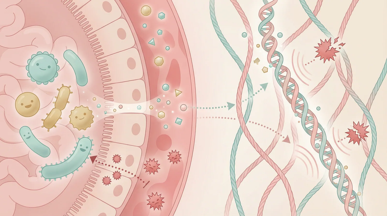 Medical illustration showing how gut bacteria support collagen synthesis through nutrient absorption and reduced inflammation