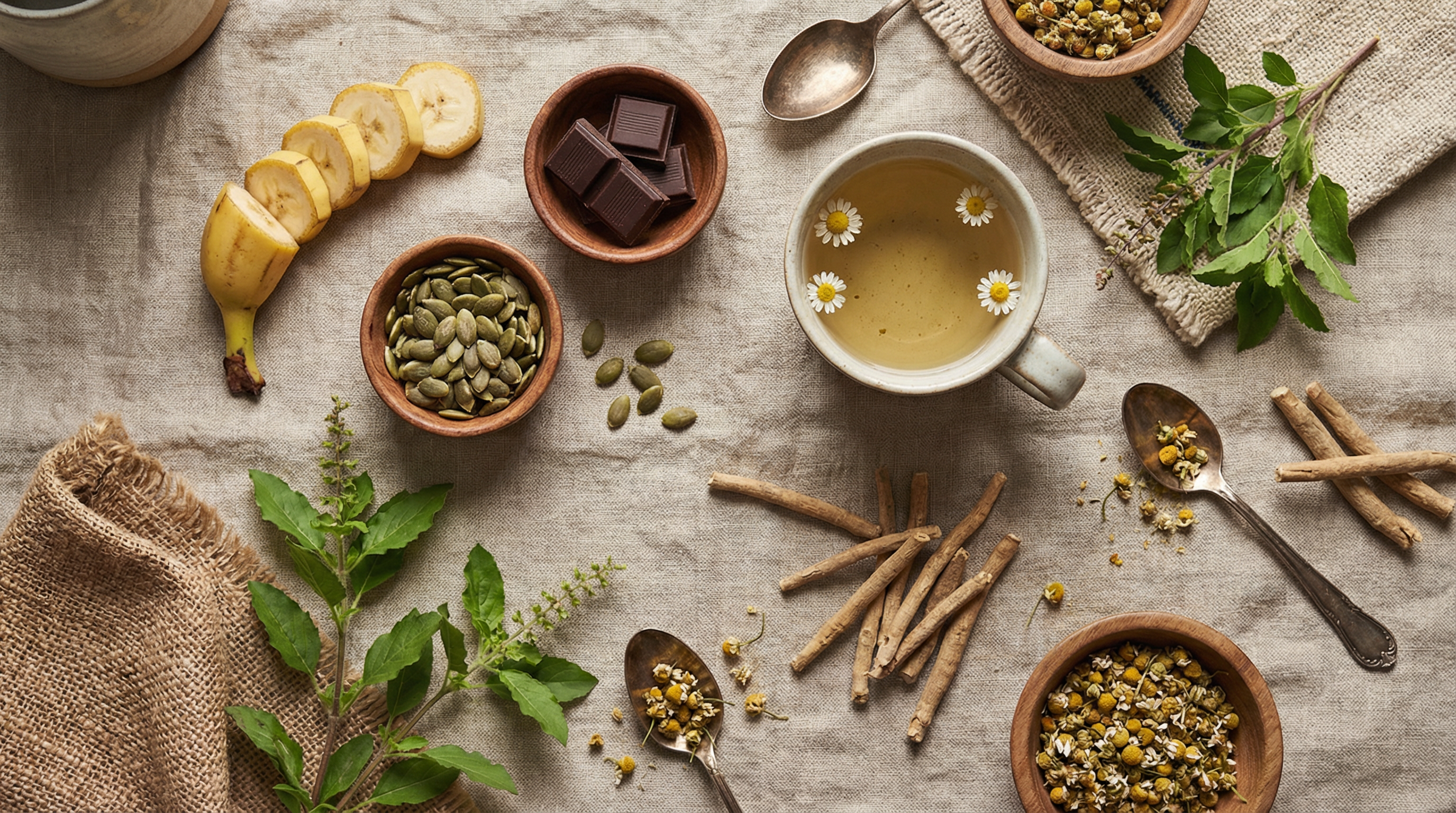 Adaptogenic herbs and cortisol-balancing foods including ashwagandha, holy basil, dark chocolate, and magnesium-rich foods