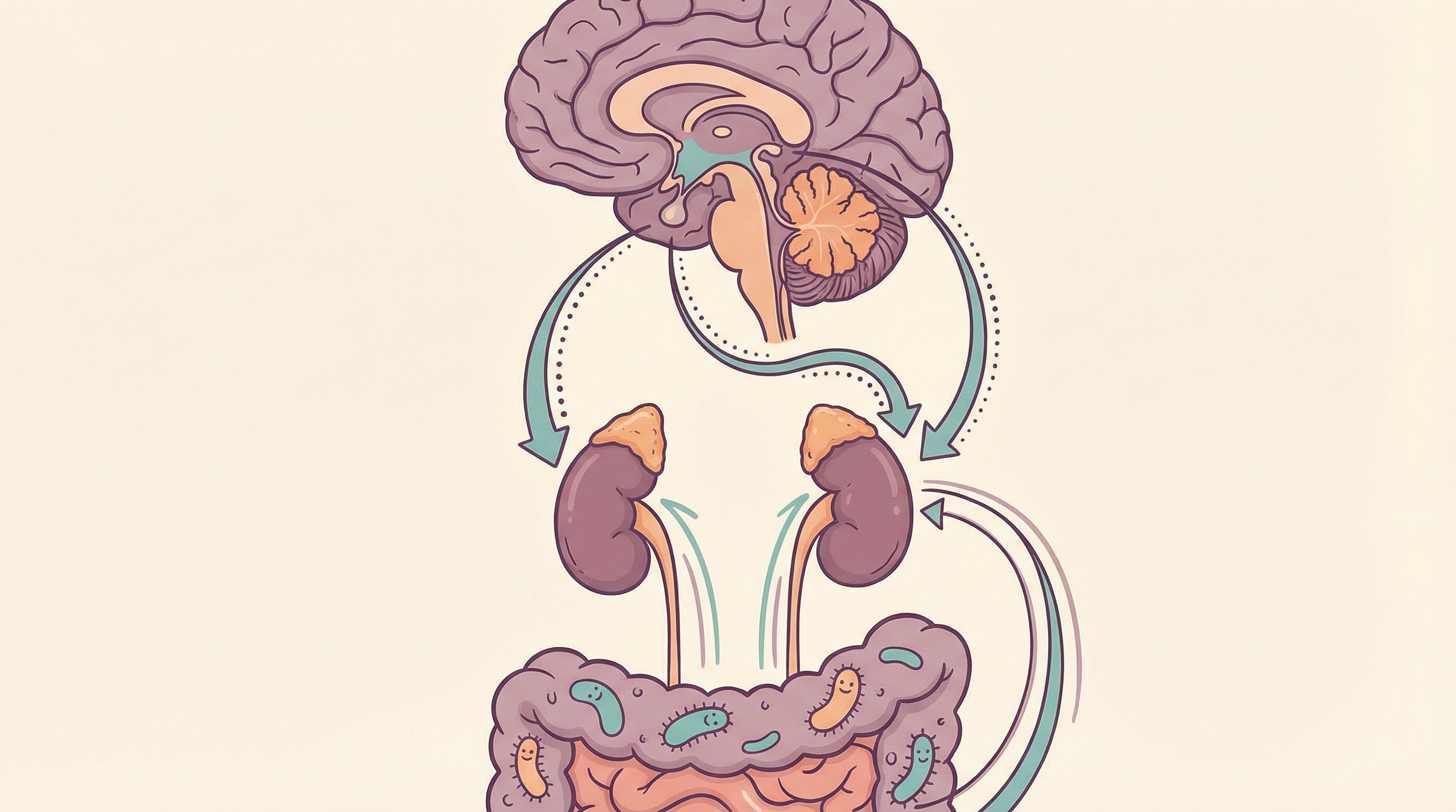 Illustration of the HPA axis showing how gut bacteria influence cortisol production through the hypothalamus-pituitary-adrenal pathway