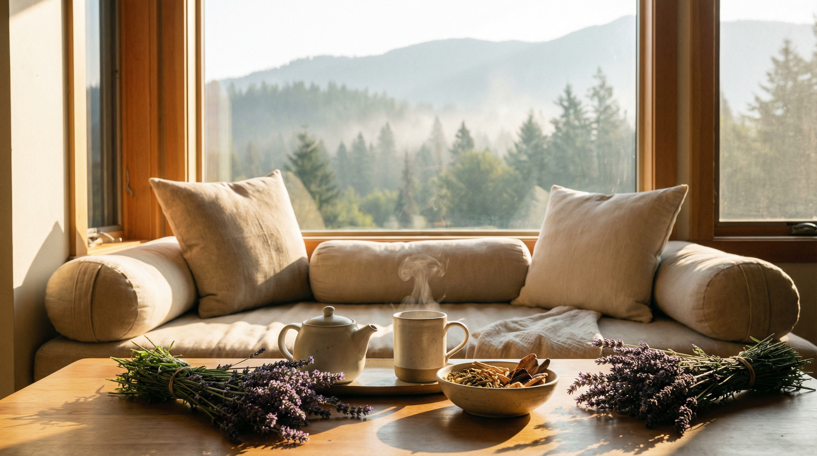 Calming stress-relief practices including meditation, herbal tea, and nature exposure that help regulate cortisol through the gut-brain axis