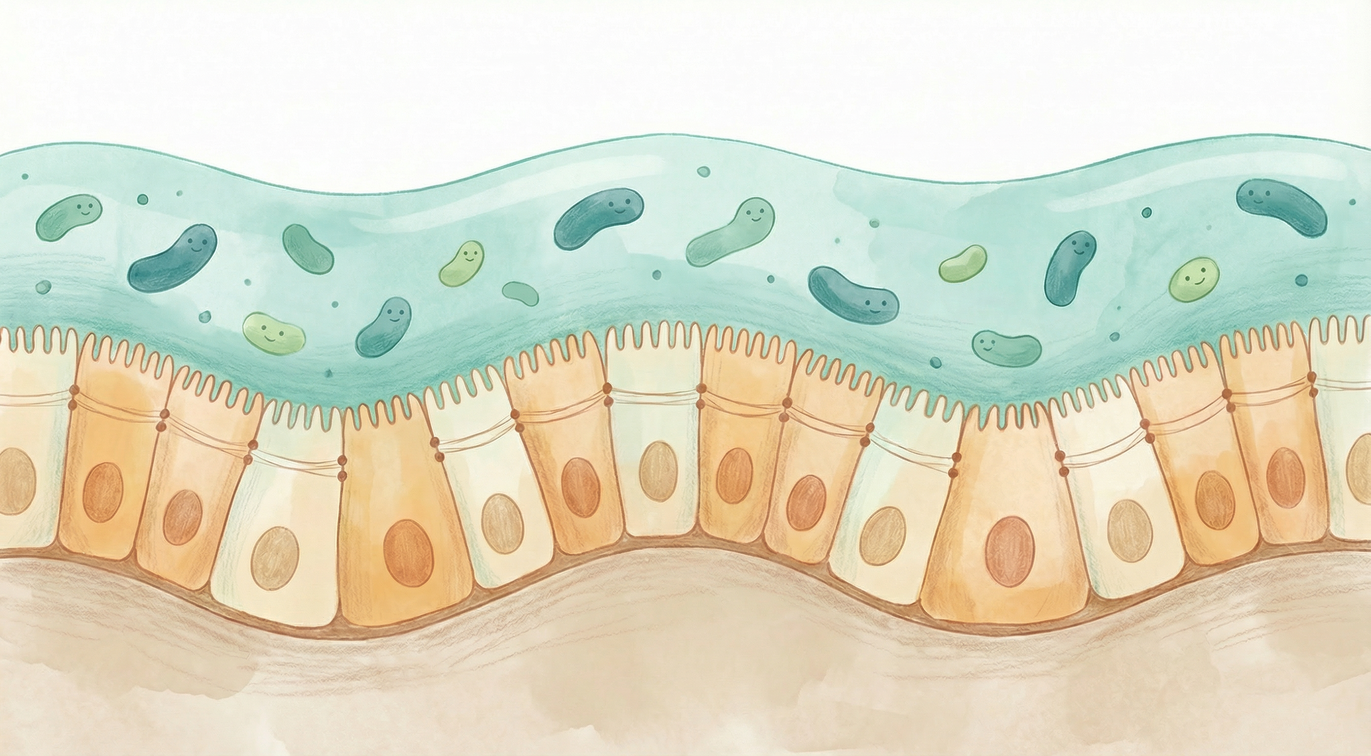Cross-section illustration of the intestinal epithelial barrier showing tight junctions, mucus layer, and beneficial bacteria maintaining gut integrity