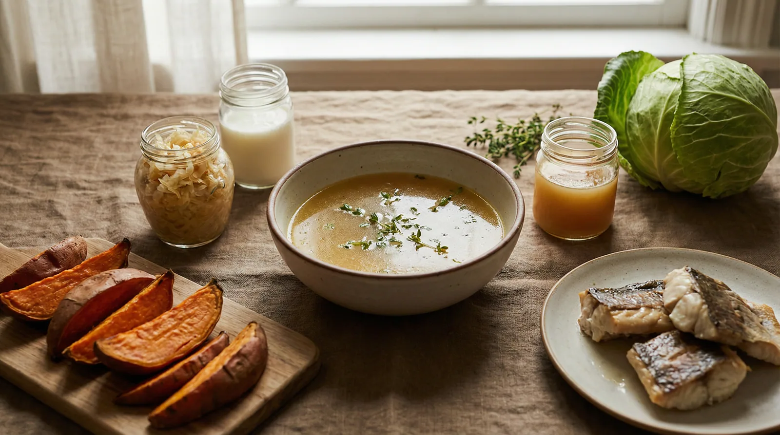 Gut-healing foods including bone broth, fermented vegetables, and glutamine-rich foods that strengthen the intestinal barrier