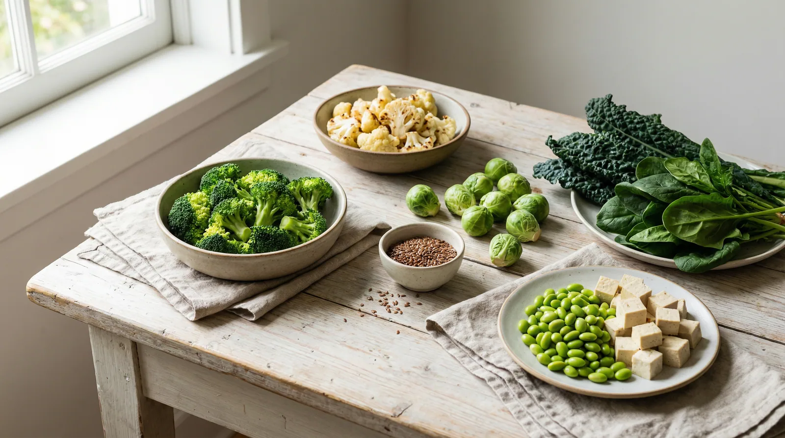 Cruciferous vegetables and phytoestrogen-rich foods that support healthy estrogen metabolism through the gut microbiome