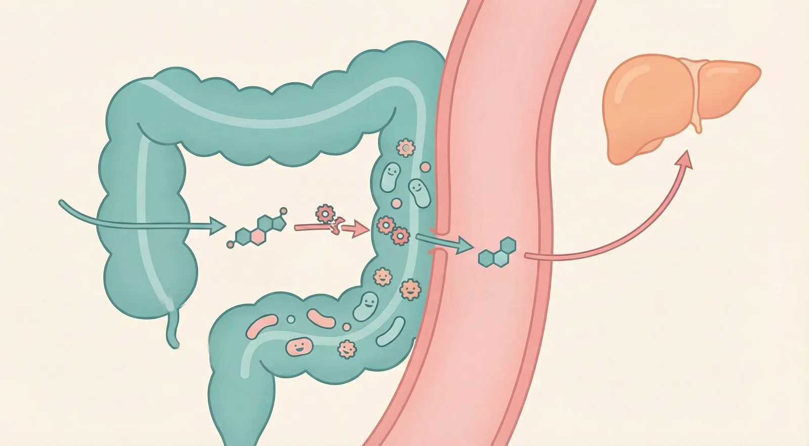 Illustration of the estrobolome showing gut bacteria producing beta-glucuronidase enzyme that regulates estrogen recirculation