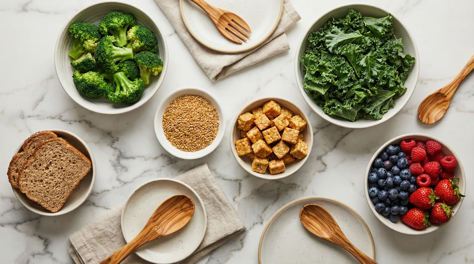 Foods that support healthy estrogen metabolism including cruciferous vegetables, fiber-rich grains, and fermented soy products