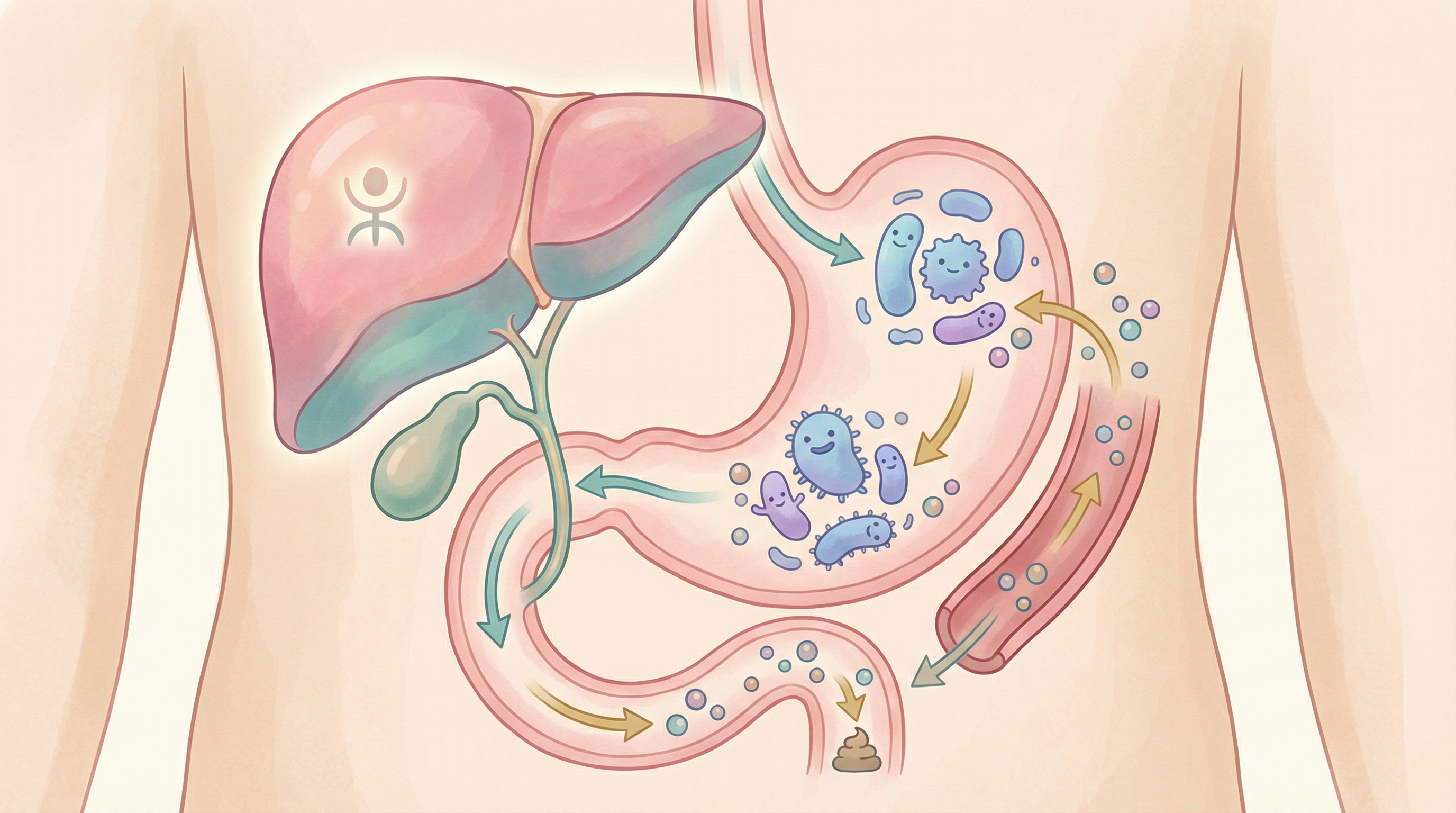 Illustration of estrogen metabolism pathways showing liver processing and gut bacterial influence on estrogen recirculation